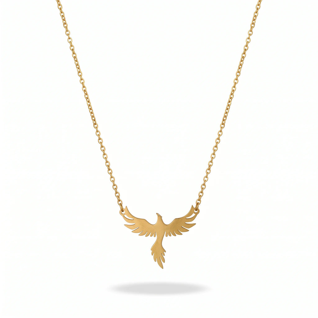 QIAOREN 10853 Stainless Steel Phoenix Pendant Necklace 18K Gold Adjustable Cable Chain Myth Bird Jewelry Gift for Women