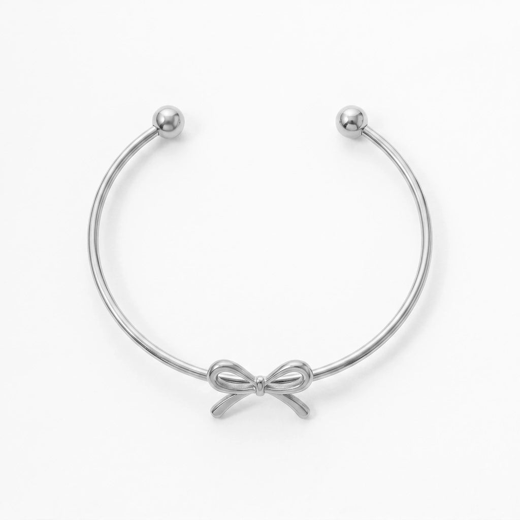 QIAOREN 11009 Cute Ribbon Bow Gold Bangle Stainless Steel Adjustable Bracelet for Summer Beach Vacation Style