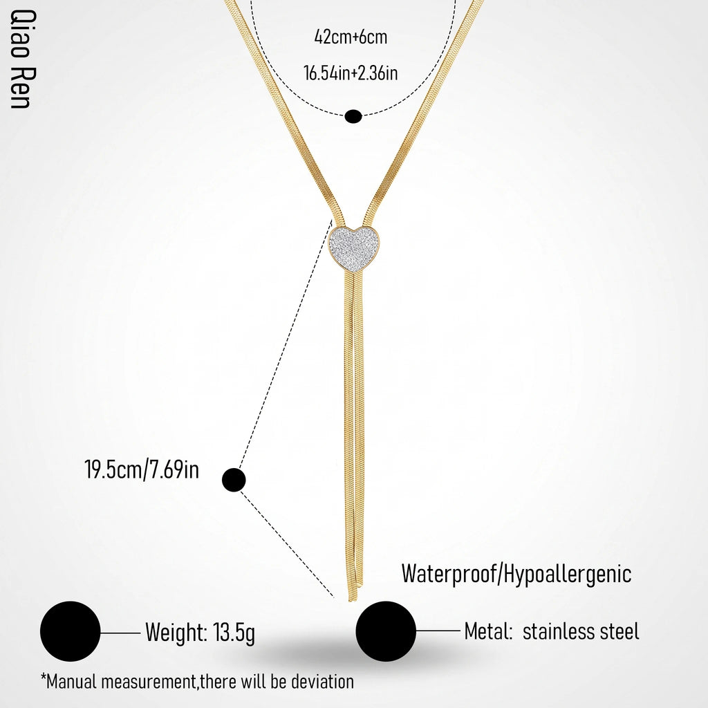 QIAOREN 14421 Paved CZ Heart Shape Herringbone Tassel Necklace, Stainless Steel Lariat Necklace Jewelry Gift