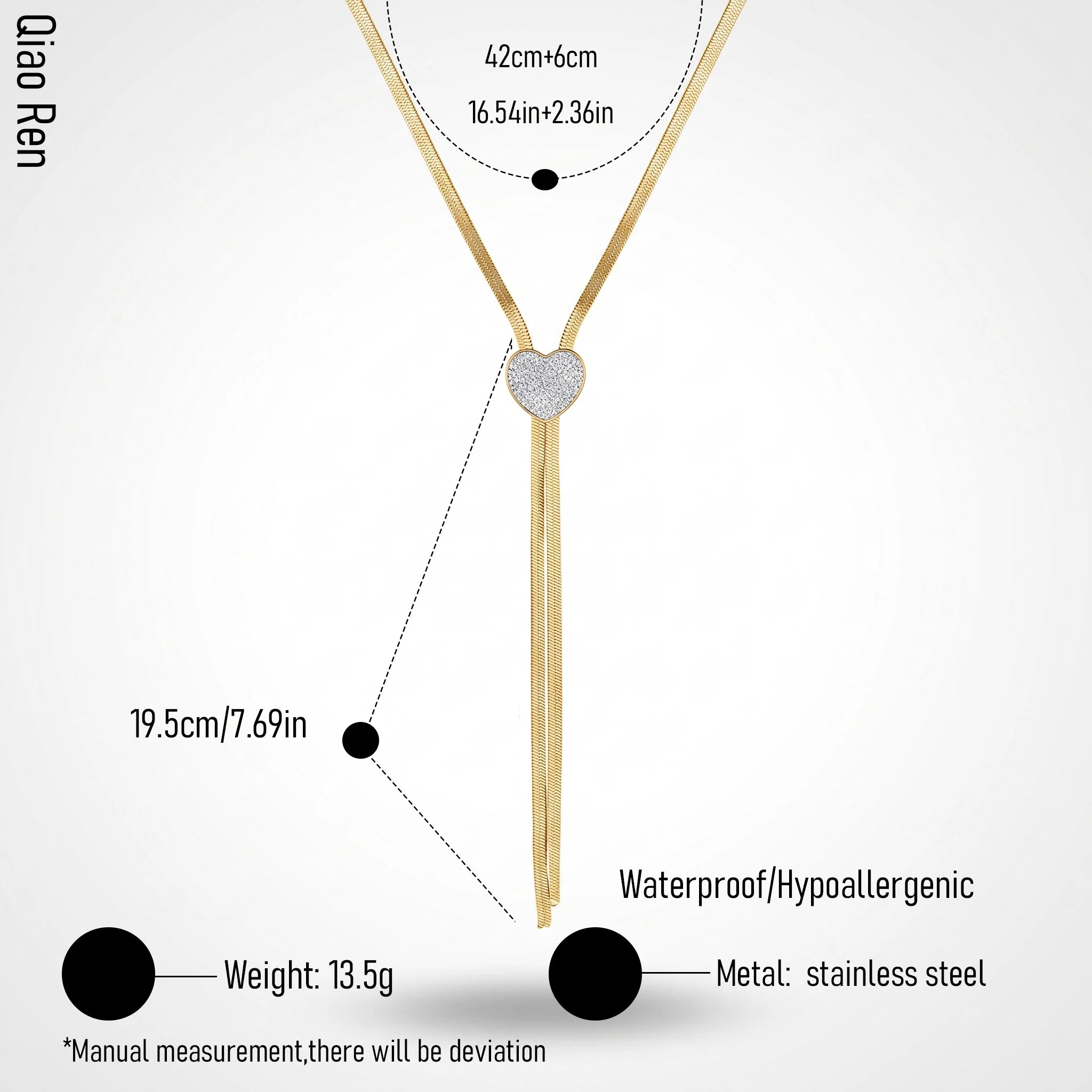 QIAOREN 14421 Paved CZ Heart Shape Herringbone Tassel Necklace, Stainless Steel Lariat Necklace Jewelry Gift