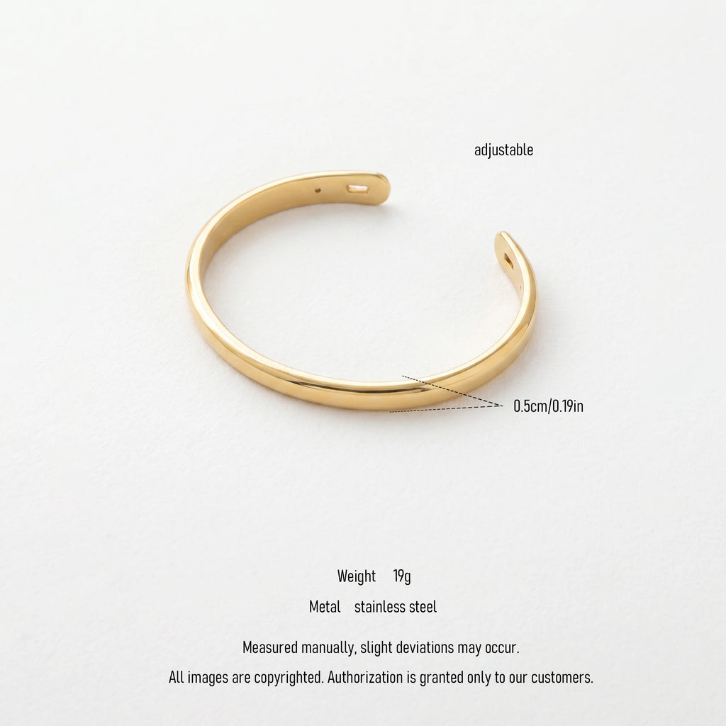 QIAOREN 12777 Stainless Steel Gold Polished Thin Open Cuff Bangle Adjustable Minimal Plain Wrist Bracelet for Women