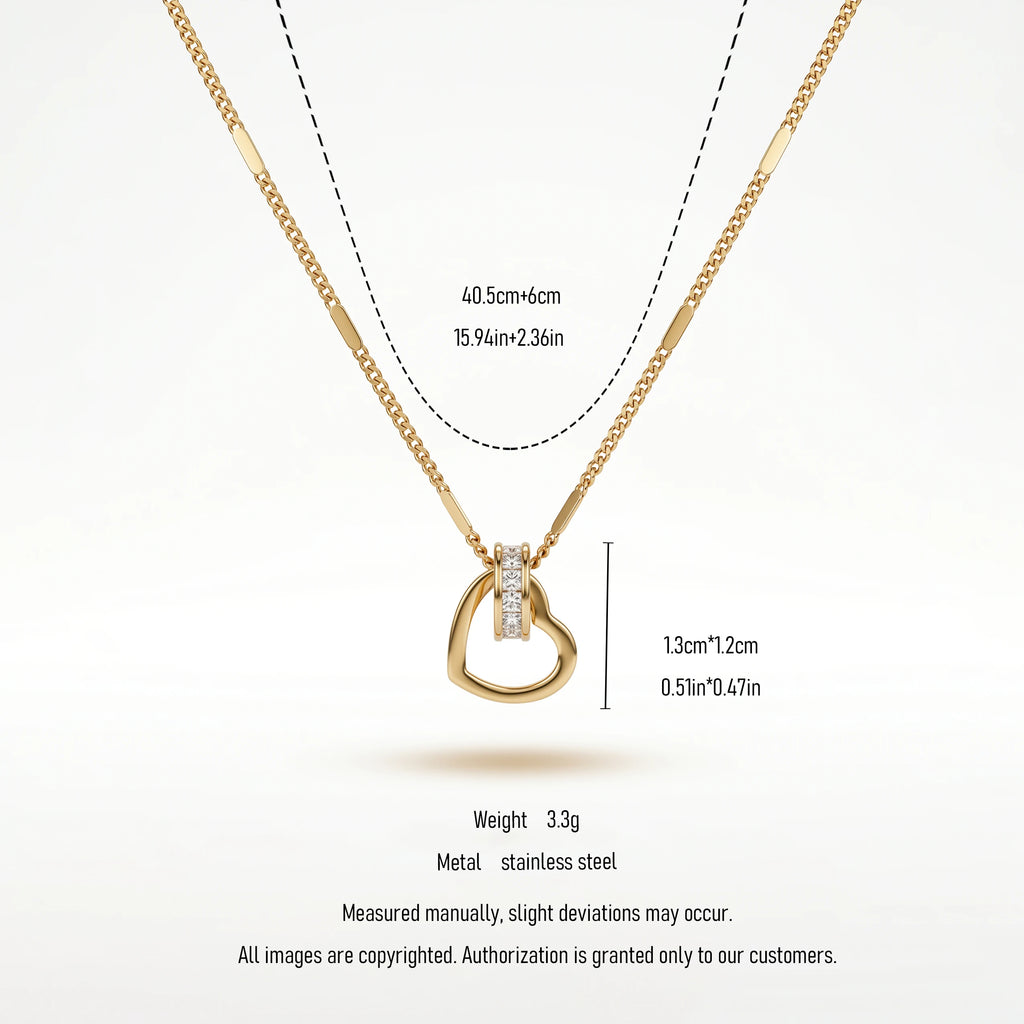 QIAOREN 10825 Tarnish Resistant Waterproof 18K Gold Plated Stainless Steel Open Heart Necklace With CZ Accent