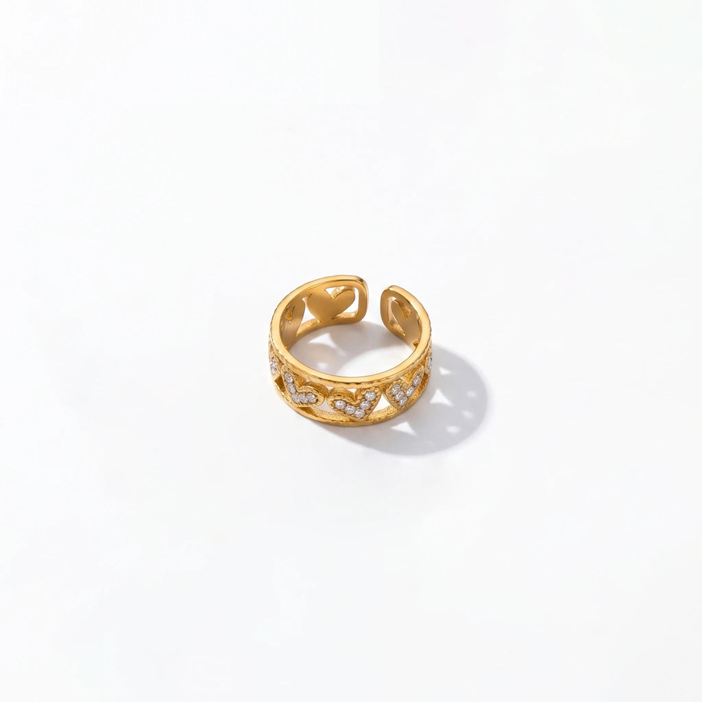 QIAOREN 10713 Stainless Steel Gold Adjustable Open Rings Multi Hollow Heart Zircon Stack Finger Jewelry For Women