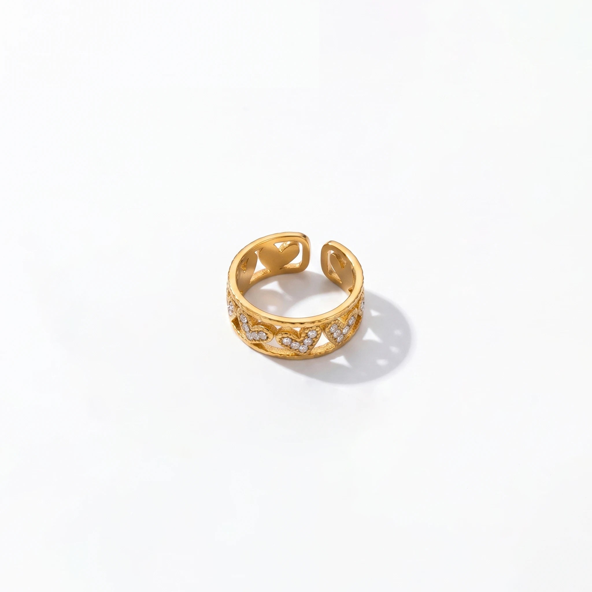 QIAOREN 10713 Stainless Steel Gold Adjustable Open Rings Multi Hollow Heart Zircon Stack Finger Jewelry For Women