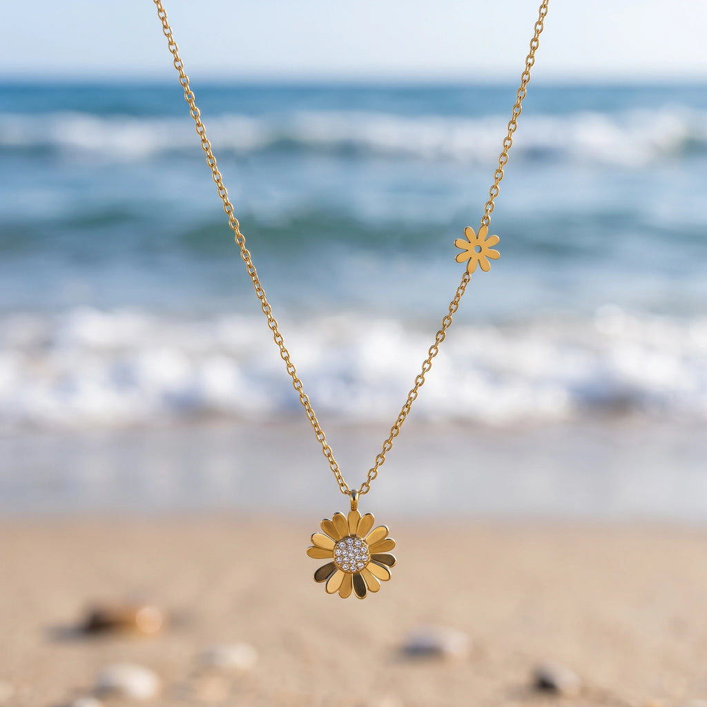 QIAOREN 13949 Stainless Steel Daisy Flower Pendant Necklace Waterproof Hypoallergenic Minimalist Jewelry for Women