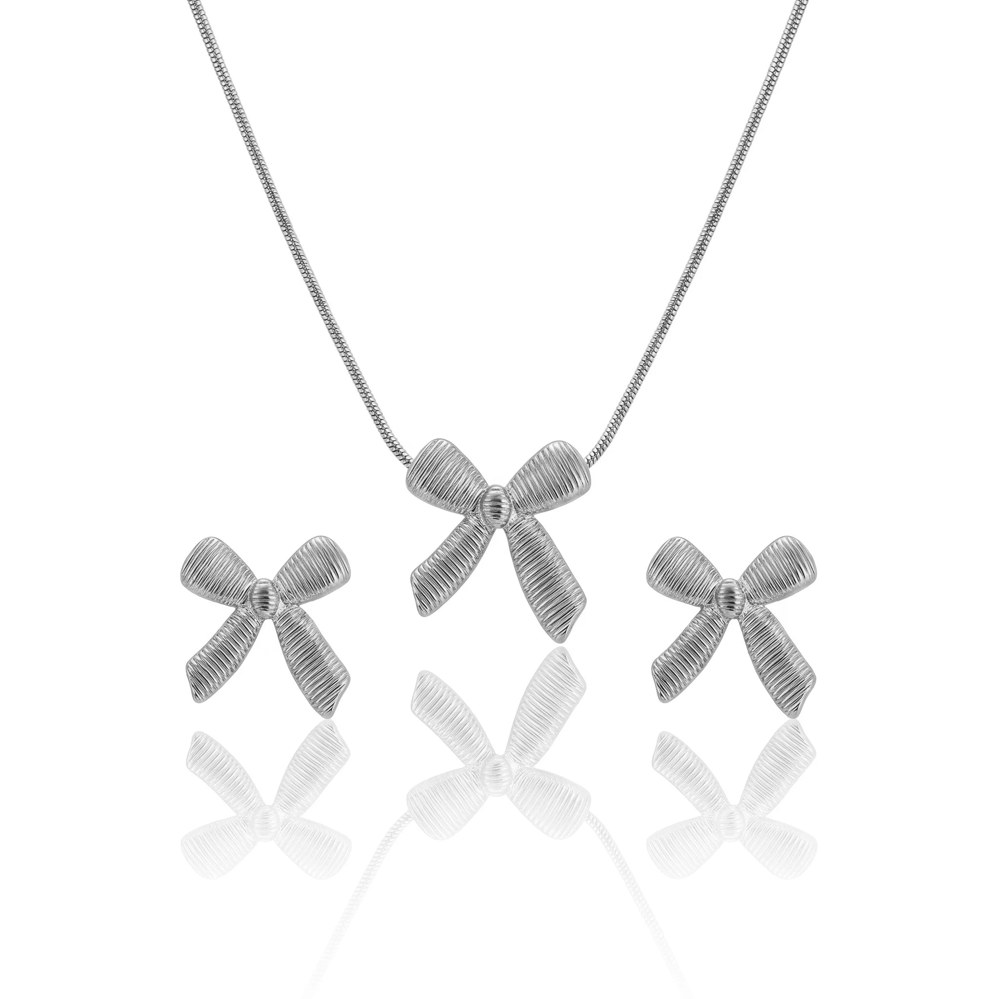 QIAOREN 11628 Romantic Textured Bow Jewelry Set 18K Gold Stainless Steel Necklace Earrings Valentine's Day Gift