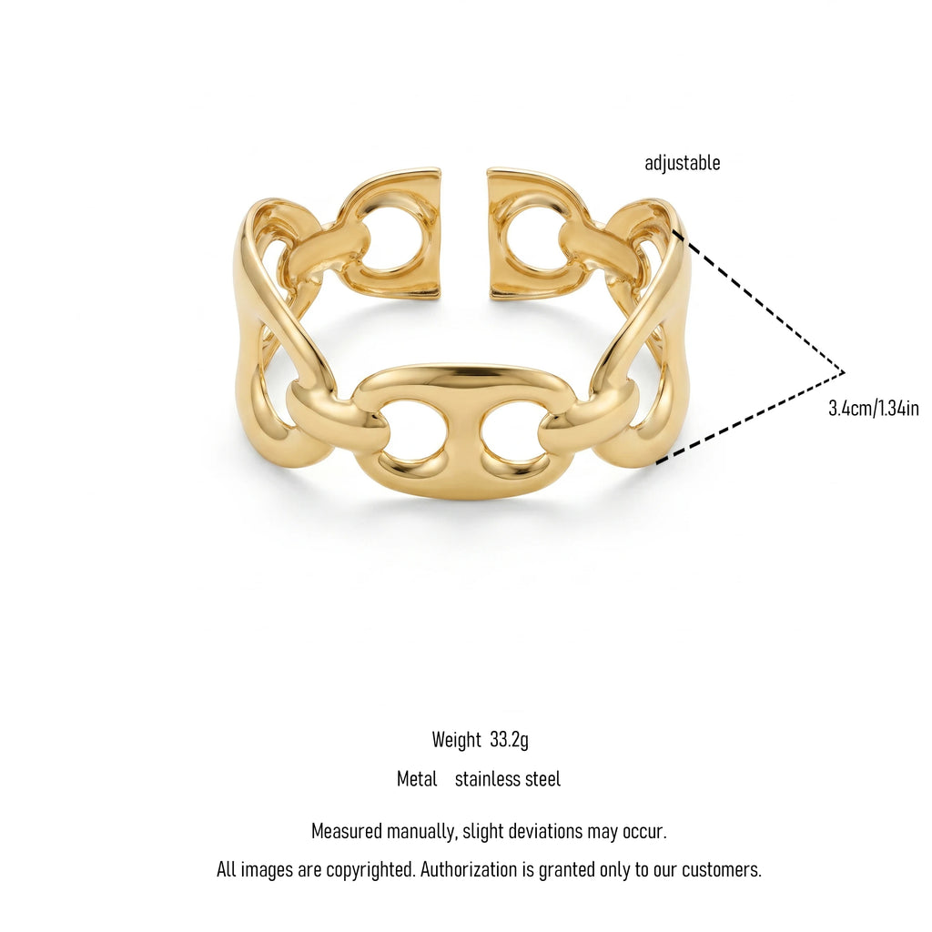 QIAOREN 12778 Stainless Steel Gold Chunky Interlink Open Cuff Bangle Adjustable Chain Link Wrist Bracelet for Women