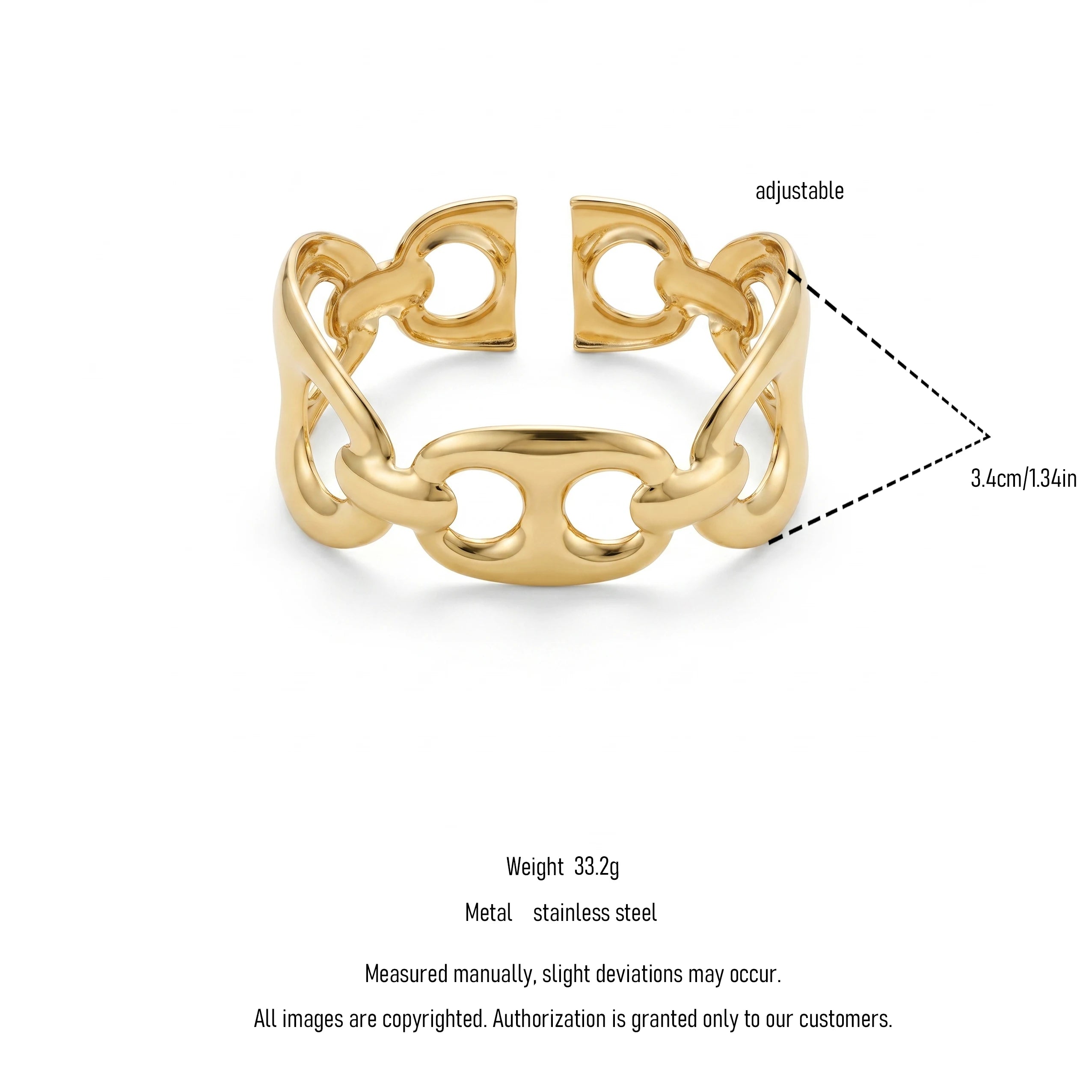 QIAOREN 12778 Stainless Steel Gold Chunky Interlink Open Cuff Bangle Adjustable Chain Link Wrist Bracelet for Women