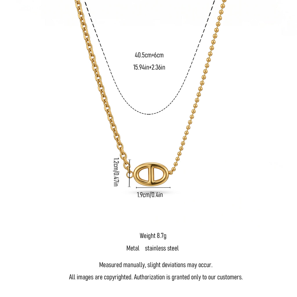 QIAOREN 13721 Asymmetric Dual Link Chain Pendant Necklace, Hollow Oval Double Partition Plain Charm Polished Gold Jewelry