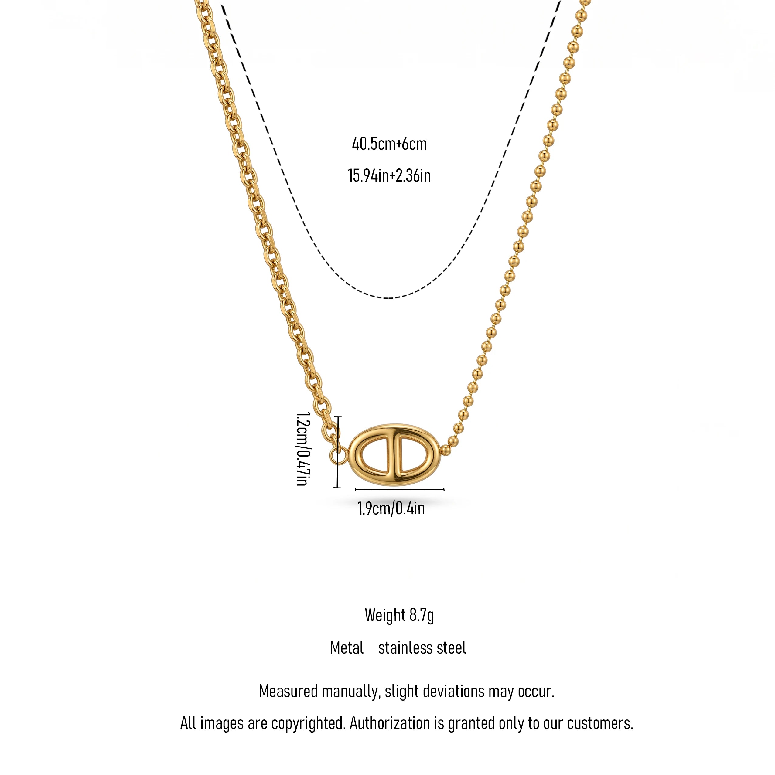 QIAOREN 13721 Asymmetric Dual Link Chain Pendant Necklace, Hollow Oval Double Partition Plain Charm Polished Gold Jewelry