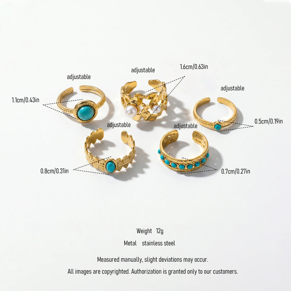 QIAOREN 5Pcs Gold Stainless Steel Turquoise Open Ring Set Irregular Hammered Crown Adjustable Boho Stackable Rings