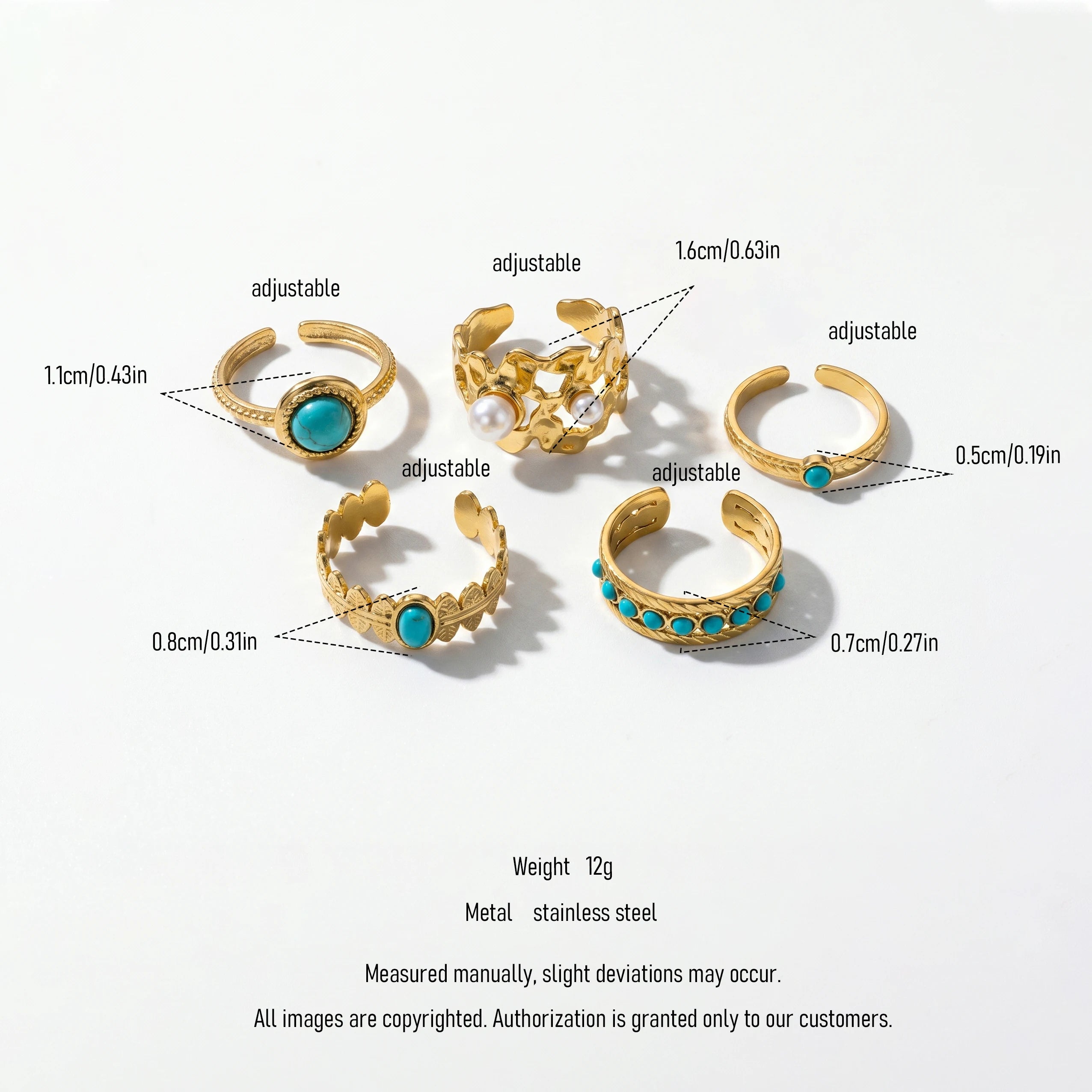 QIAOREN 5Pcs Gold Stainless Steel Turquoise Open Ring Set Irregular Hammered Crown Adjustable Boho Stackable Rings