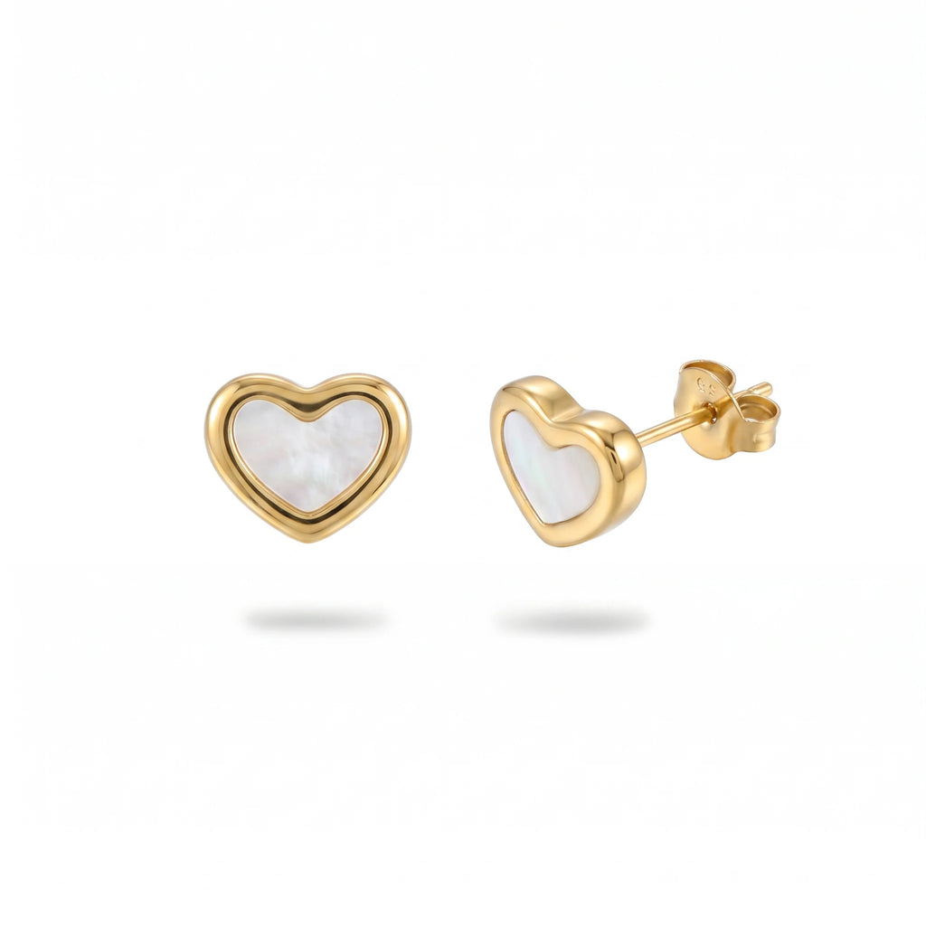 QIAOREN 13448 Gold Tone Natural White MOP Heart Stud Earrings Minimal Smooth Frame Shell Inlay Ear Jewelry Gift