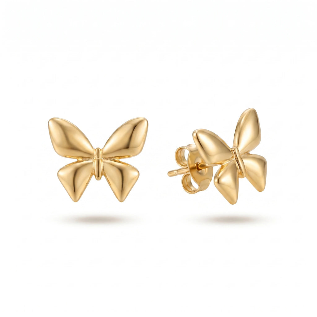 QIAOREN 14555 Stainless Steel Butterfly Stud Earrings Gold Tone Cute Fashion Earrings Waterproof Hypoallergenic Jewelry