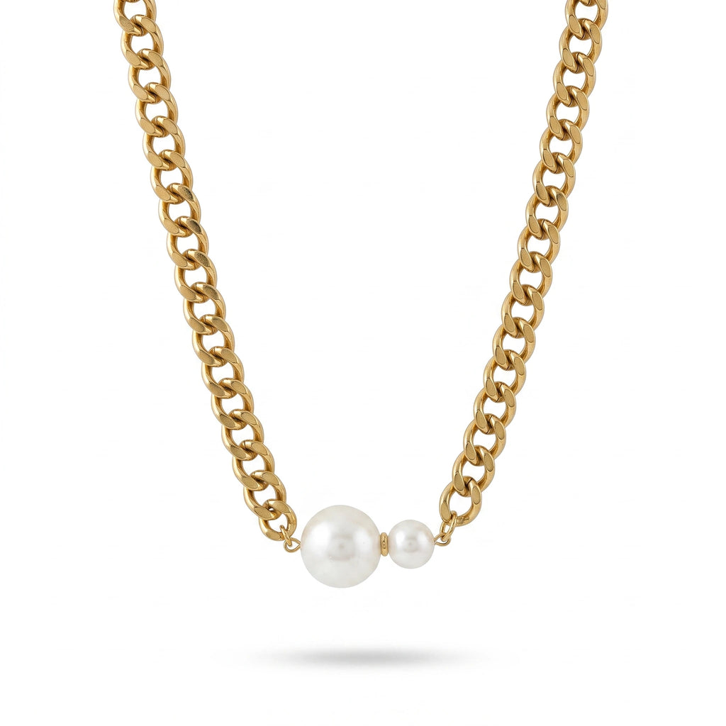 QIAOREN 13996 Thick Curb Link Chain Necklace with Alternating Large and Small Round White Pearl Charms