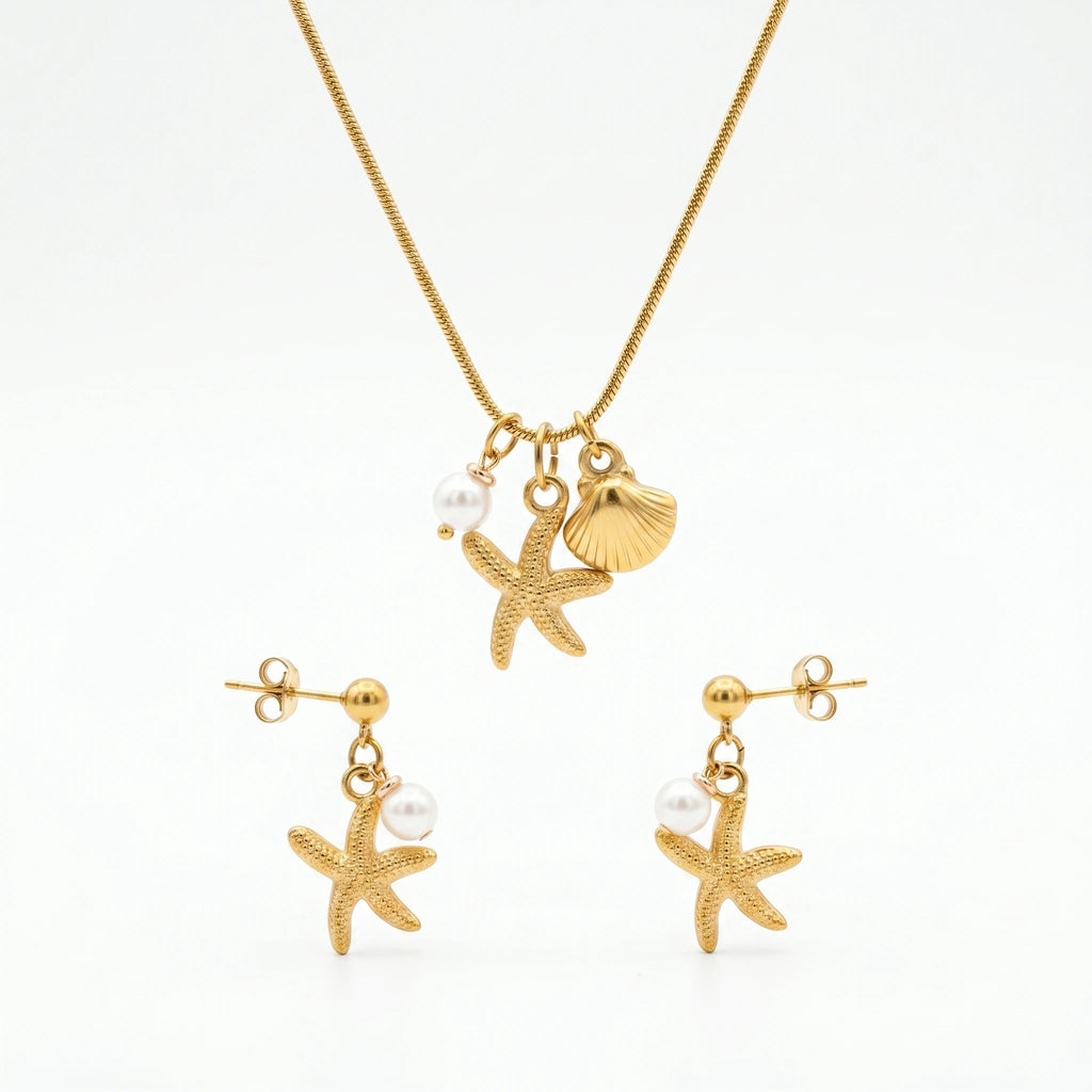 QIAOREN 10804 Waterproof Tarnish Resistant 18K Gold Plated Stainless Steel Starfish Pearl Trendy Necklace Bracelet Set Jewelry