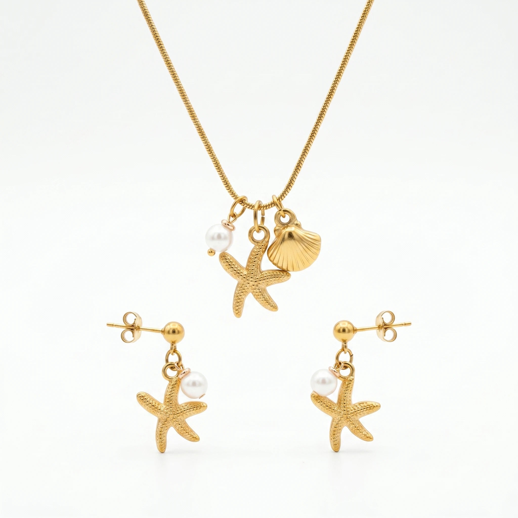 QIAOREN 10804 Waterproof Tarnish Resistant 18K Gold Plated Stainless Steel Starfish Pearl Trendy Necklace Bracelet Set Jewelry