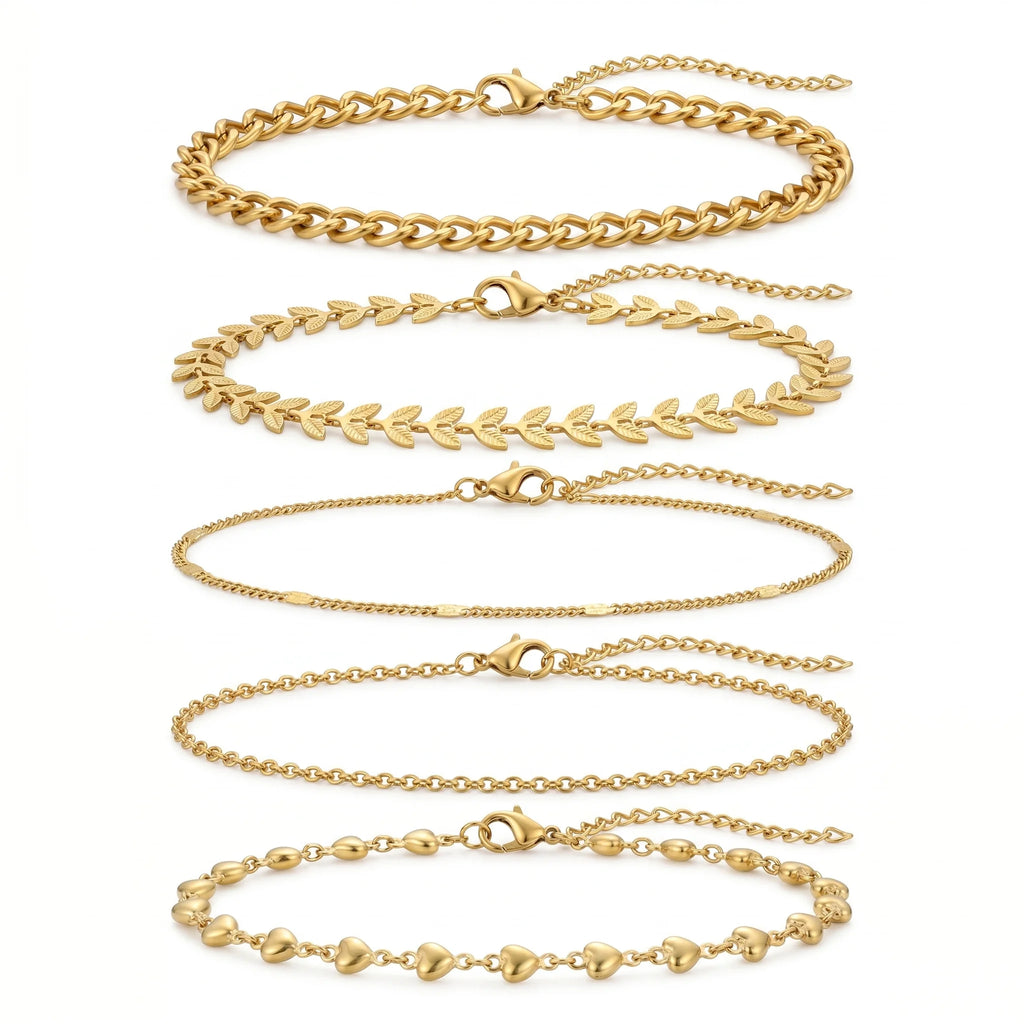 QIAOREN 11538 Boho 5 Layer Stackable Anklet Set 18K Gold Plated Stainless Steel Beach Foot Jewelry
