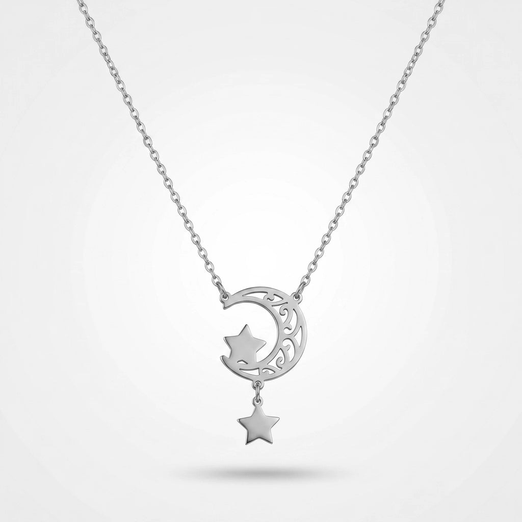 QIAOREN 11952 Elegant Boho Celestial Moon Star Pendant Necklace Gold Stainless Steel Hollow Filigree Jewelry Gift for Women