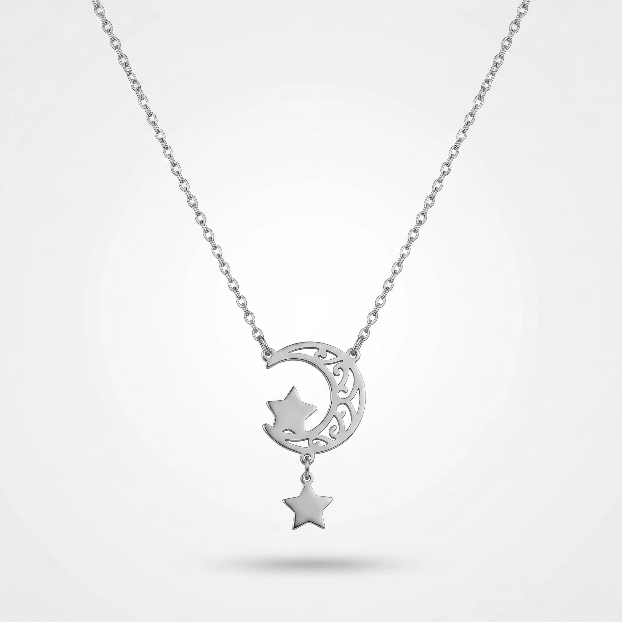 QIAOREN 11952 Elegant Boho Celestial Moon Star Pendant Necklace Gold Stainless Steel Hollow Filigree Jewelry Gift for Women