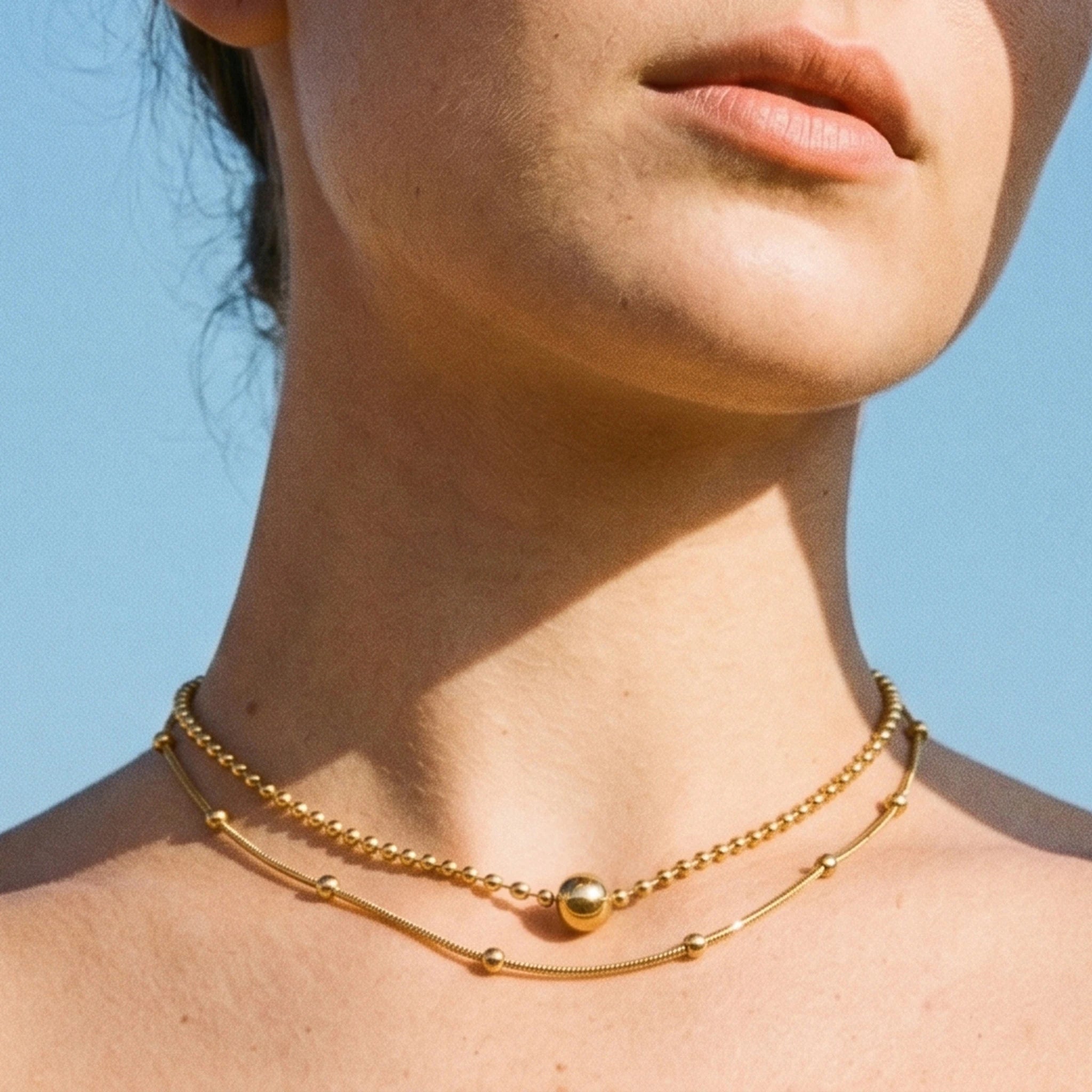 QIAOREN 11899 Minimalist Double Layer Beaded Snake Chain Necklace 18K Gold Stainless Steel Ball Pendant Daily Layering Jewelry