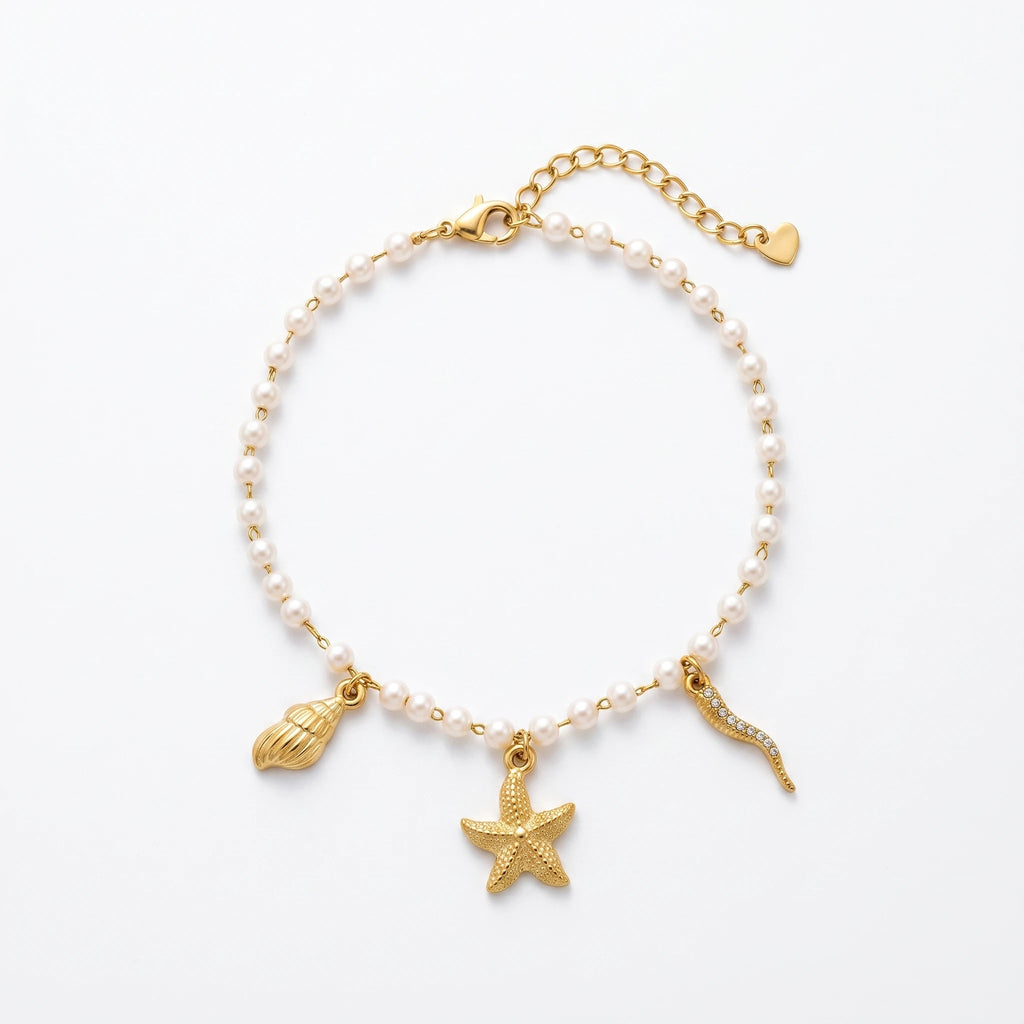 QIAOREN 13319 Ocean Style Pearl Anklet with Starfish, Conch & Rhinestone Tentacle Charms, Beach Vacation Foot Jewelry Gift