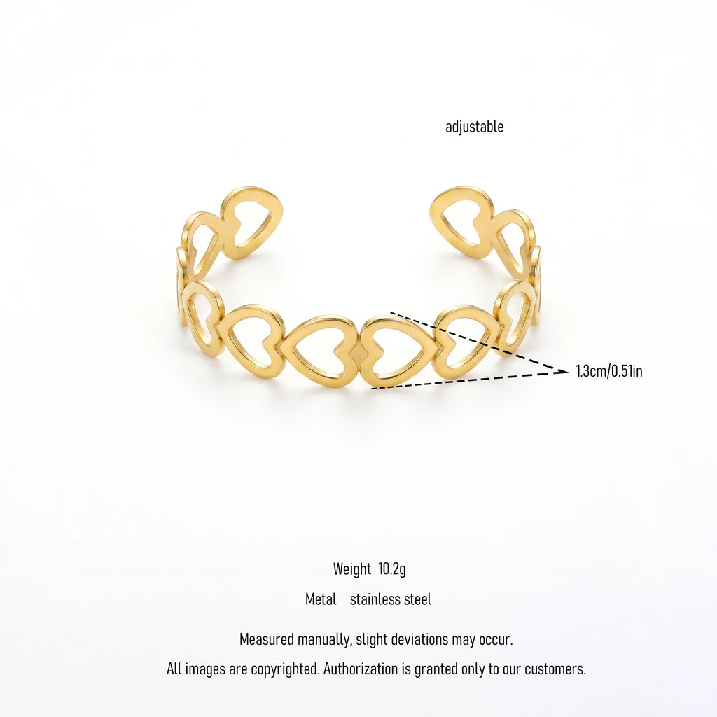 QIAOREN 12723 Stainless Steel Adjustable Heart Open Cuff Bracelet 18K Gold Plated Hollow Heart Bangle for Women