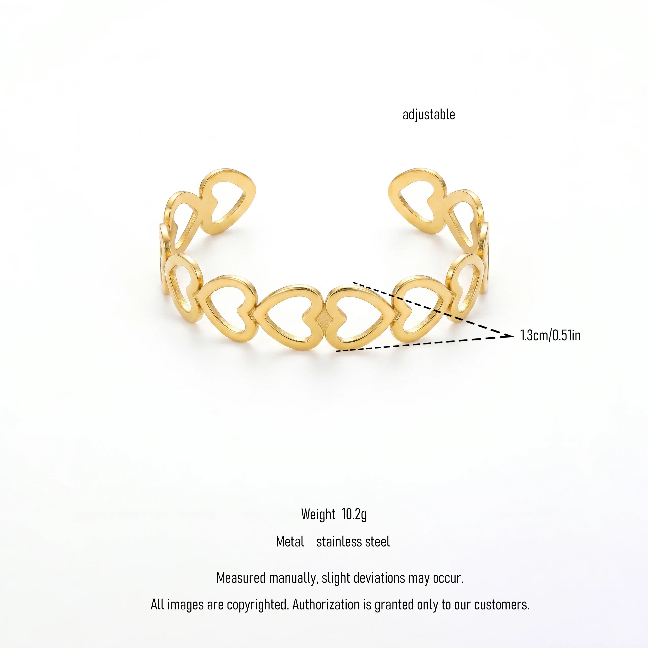 QIAOREN 12723 Stainless Steel Adjustable Heart Open Cuff Bracelet 18K Gold Plated Hollow Heart Bangle for Women