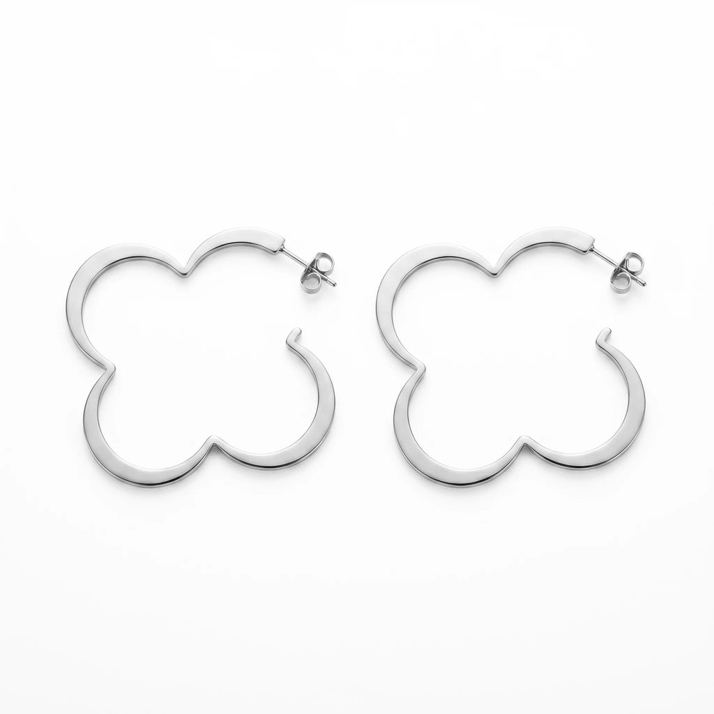 QIAOREN 10735 Gold/Silver Stainless Steel Clover Hoop Earrings, Tarnish Resistant Large Open Flower Statement Earrings