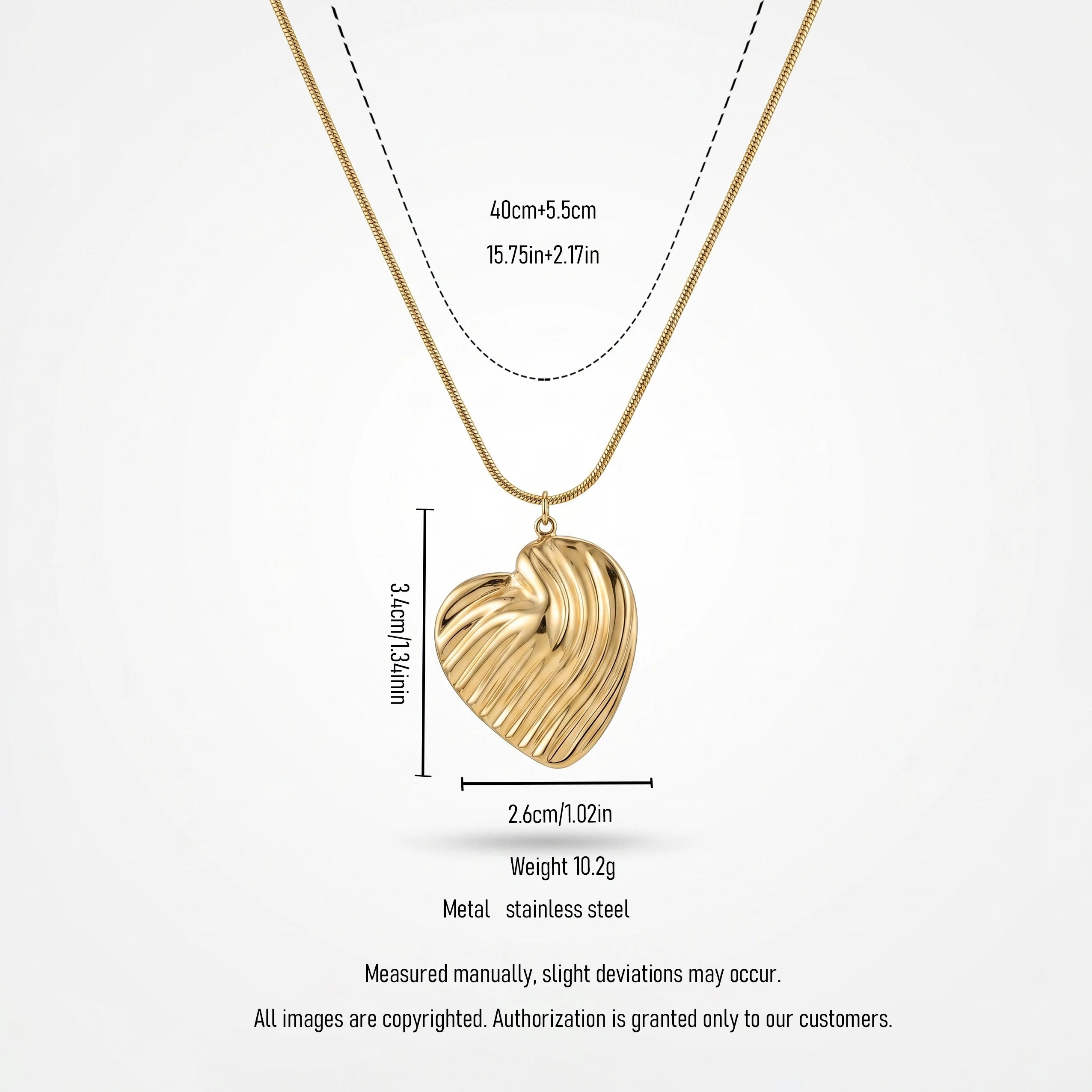 QIAOREN 13934 Smooth Snake Chain Pendant Necklace with Textured Wavy Line 3D Heart Charm, Polished Gold Modern Abstract Love