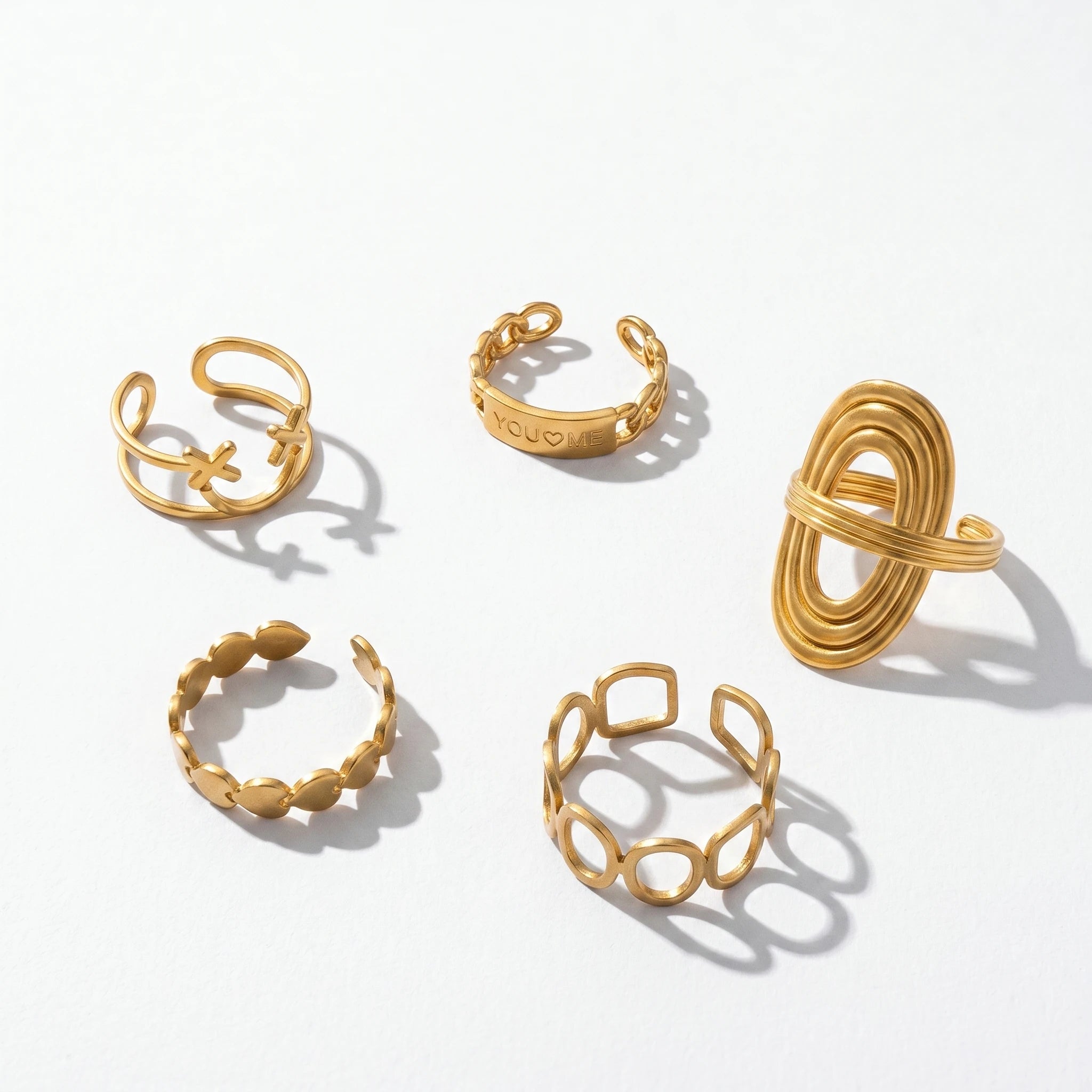 QIAOREN 10707 You & Me Engraved Gold Ring Set - 5Pcs Hypoallergenic Stainless Steel Open Rings
