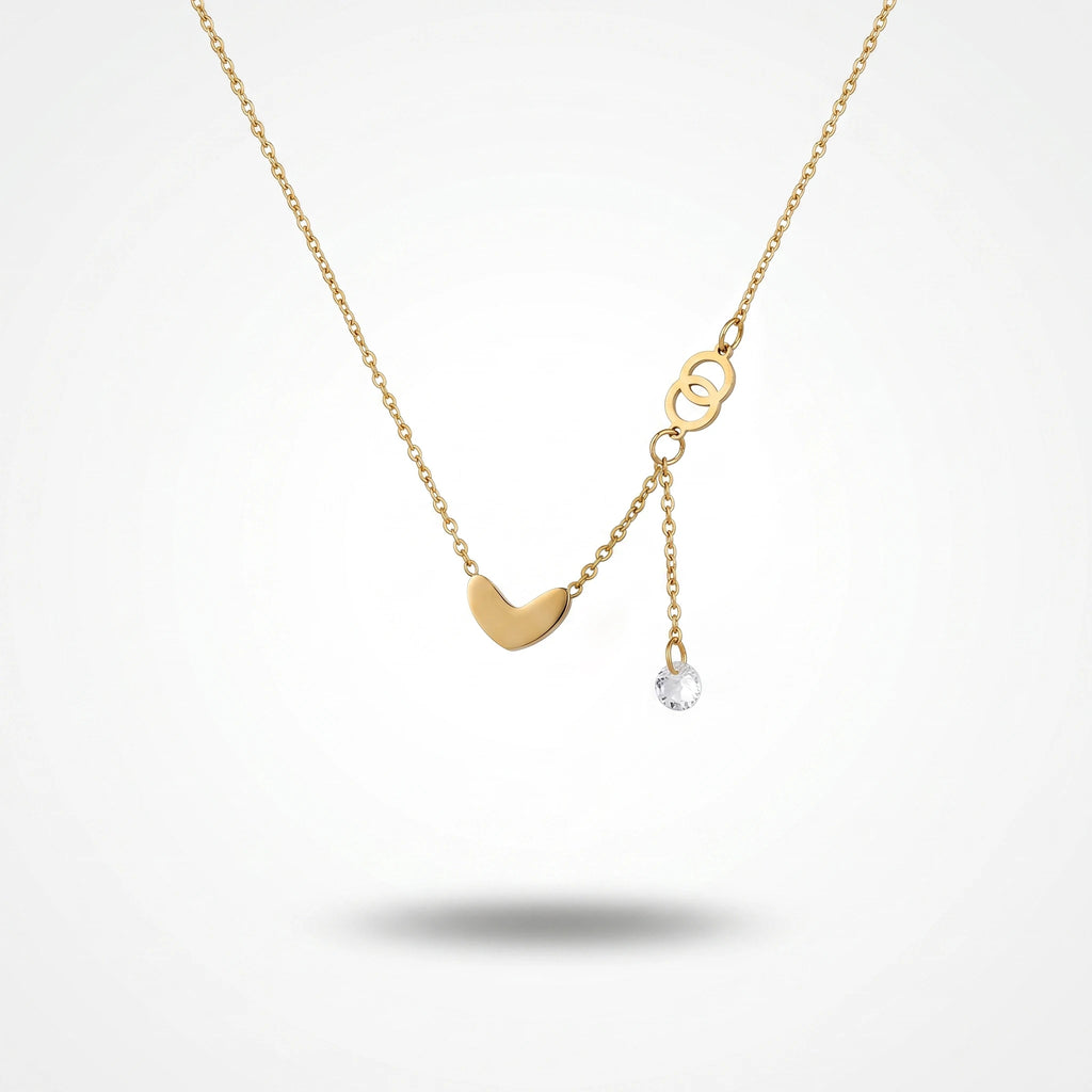 QIAOREN 13803 Oval Link Chain Heart Pendant Necklace with Interlocking Double Circle  & Dangling Single Zircon Drop