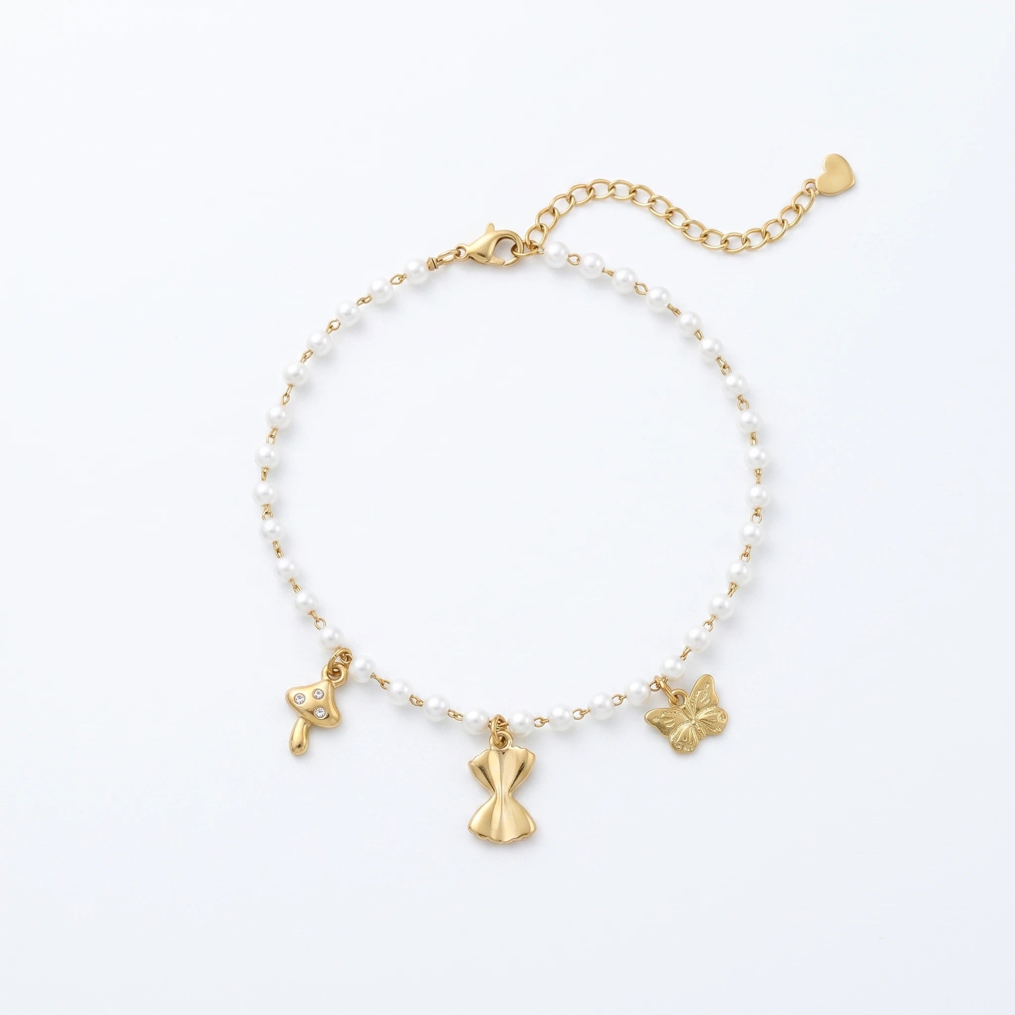 QIAOREN 13326 Mini Pearl Anklet with Mushroom, Bow & Butterfly Charms, Fairy Foot Jewelry Gift for Daily Summer Casual Look