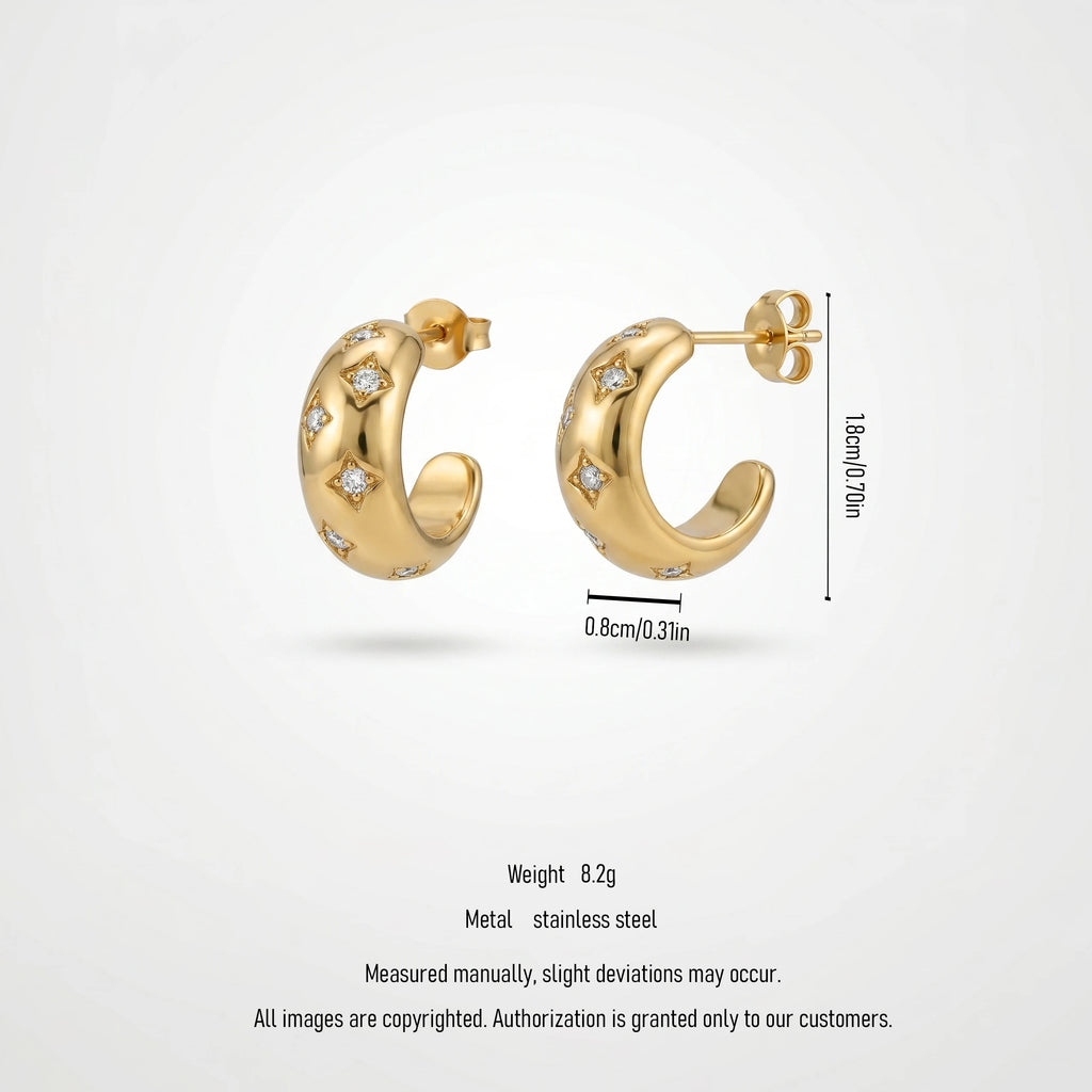 QIAOREN 12430 Tarnish Free Celestial Star Dome Earrings 18K Gold Plated Stainless Steel Puffy Flush Set Zircon Letter