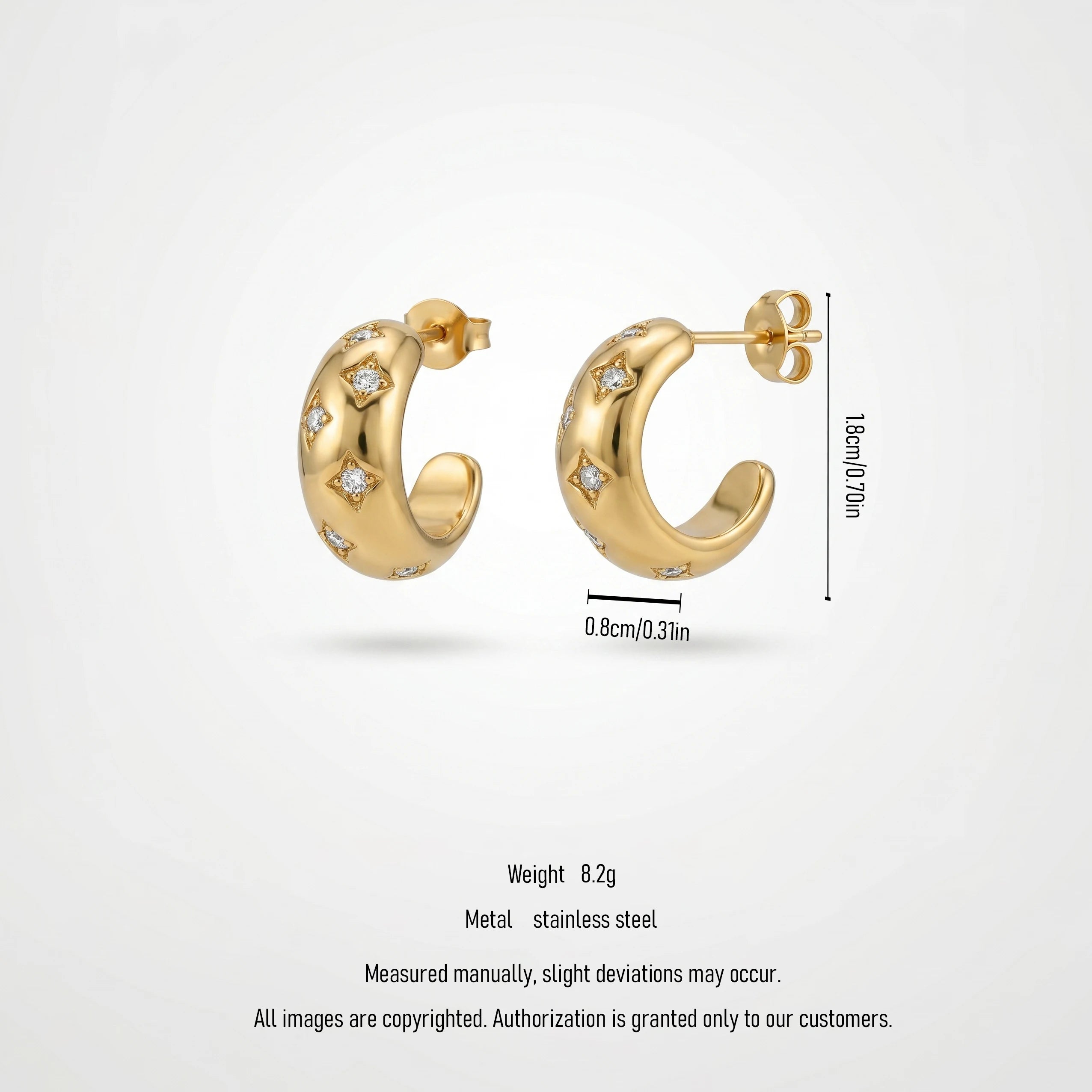 QIAOREN 12430 Tarnish Free Celestial Star Dome Earrings 18K Gold Plated Stainless Steel Puffy Flush Set Zircon Letter