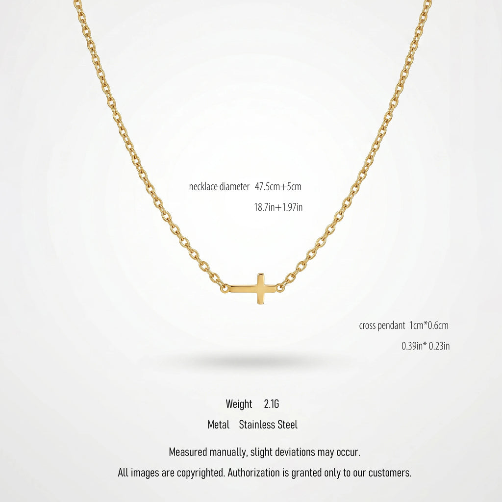 QIAOREN  10629 18K Gold Plated Sideways Mini Cross Necklace Stainless Steel Tarnish Free Waterproof Jewelry