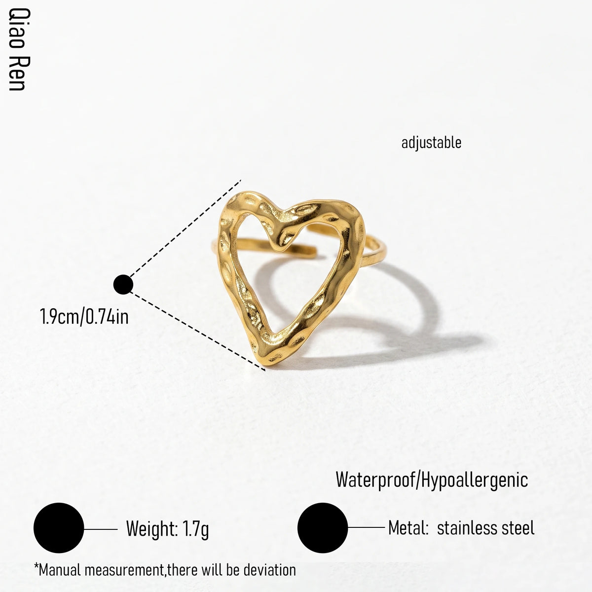 QIAOREN 14169-74 Green Crystal Heart Open Ring Set, Multi Styles Love Shape Adjustable Stackable Ring Jewelry Gift
