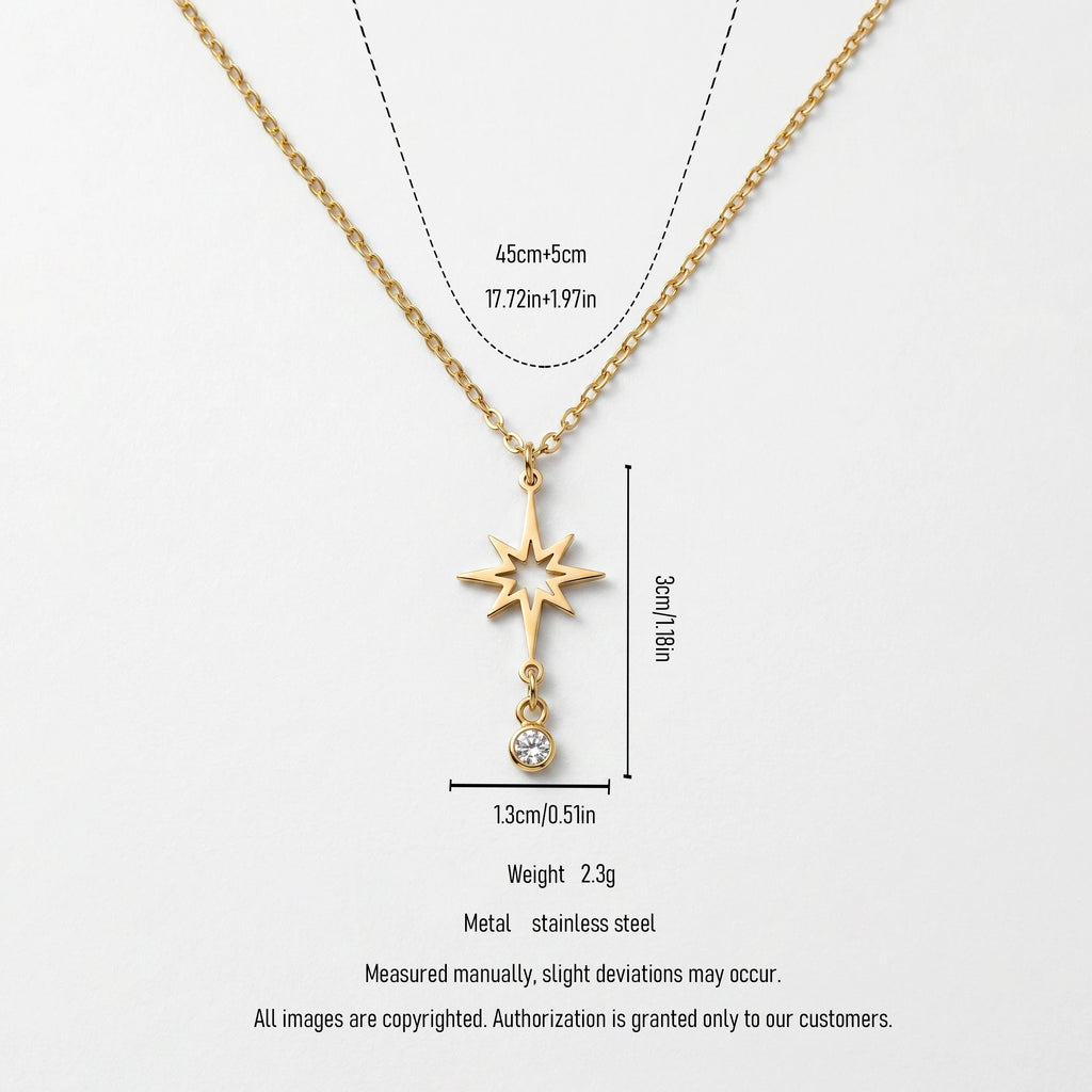 QIAOREN 11979 Wholesale 18K Gold Plated Stainless Steel North Star Pendant Necklace Hollow 8 Point Star with Dangle CZ Stone