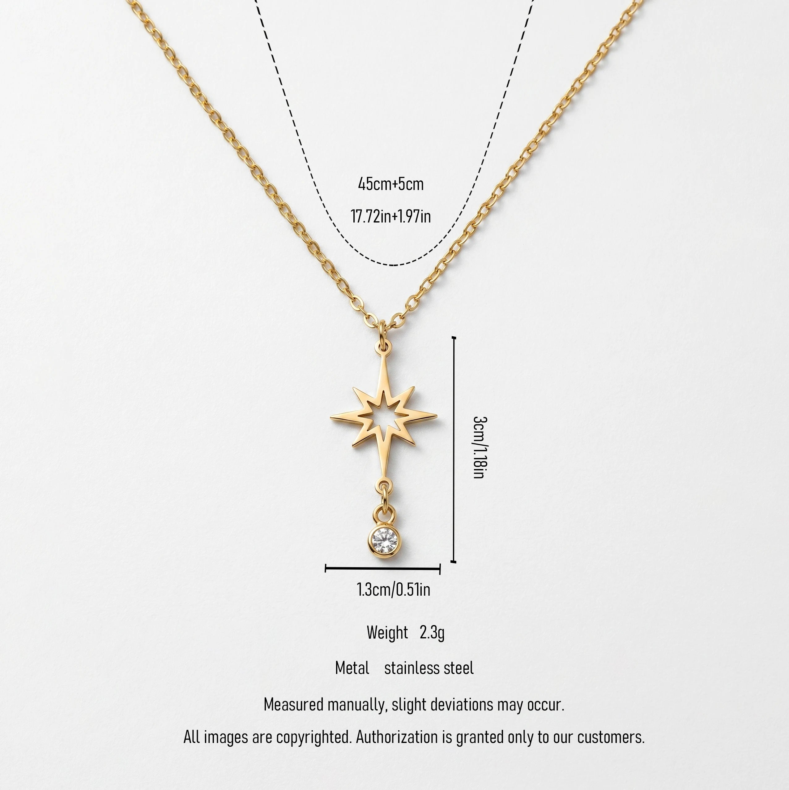 QIAOREN 11979 Wholesale 18K Gold Plated Stainless Steel North Star Pendant Necklace Hollow 8 Point Star with Dangle CZ Stone