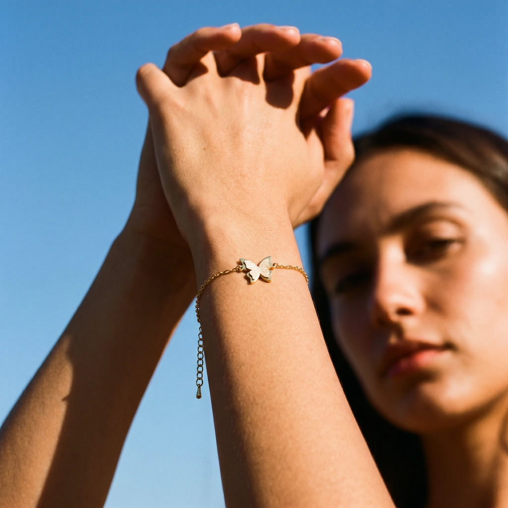 QIAOREN 11948 Waterproof Tarnish Free Stainless Steel Geometric Butterfly Bracelet 18K Gold Plated Minimalist Jewelry Women US
