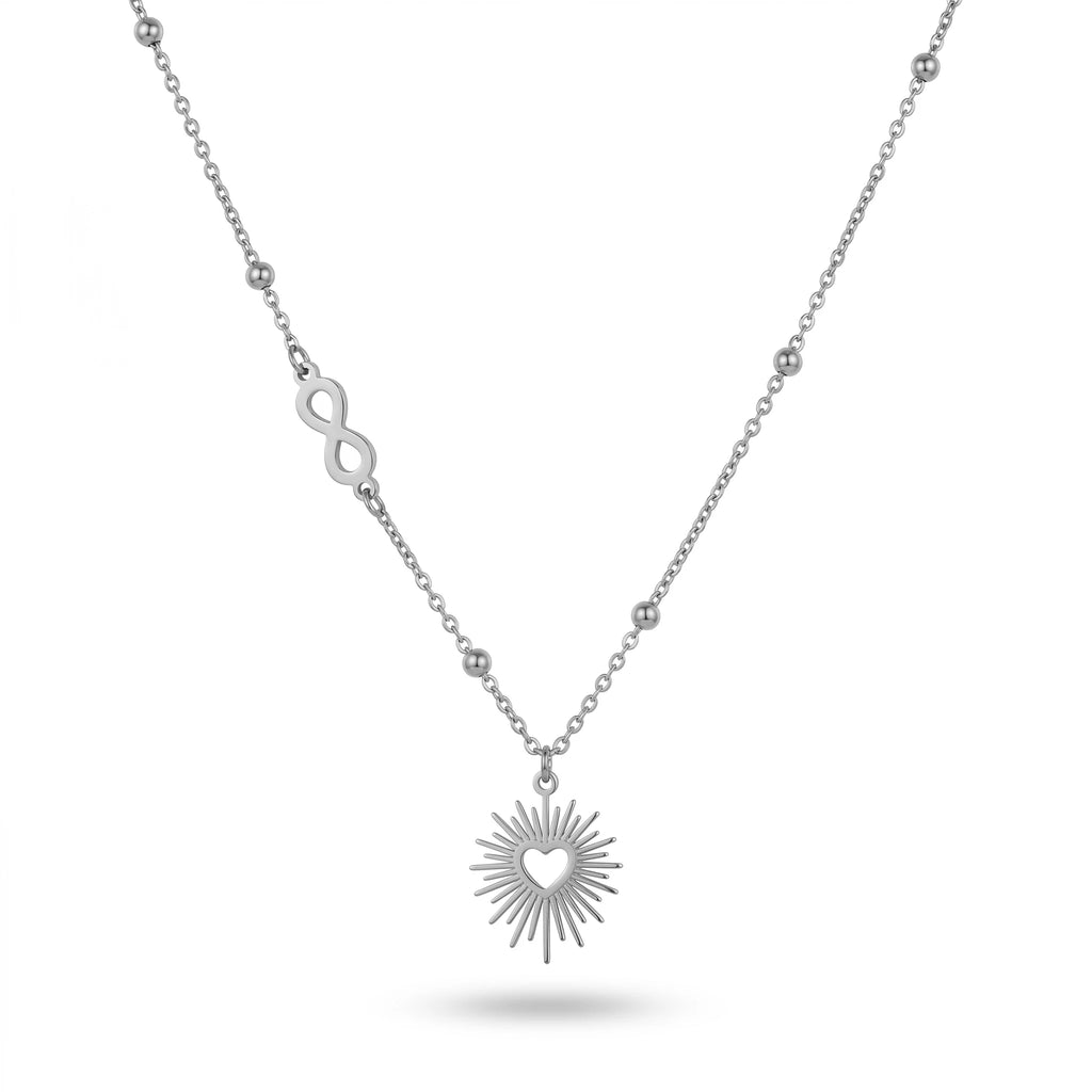 QIAOREN 13163  Gold Plated Infinity Heart Sunburst Pendant Necklace Stainless Steel Beaded Chain Fashion Jewelry for Women