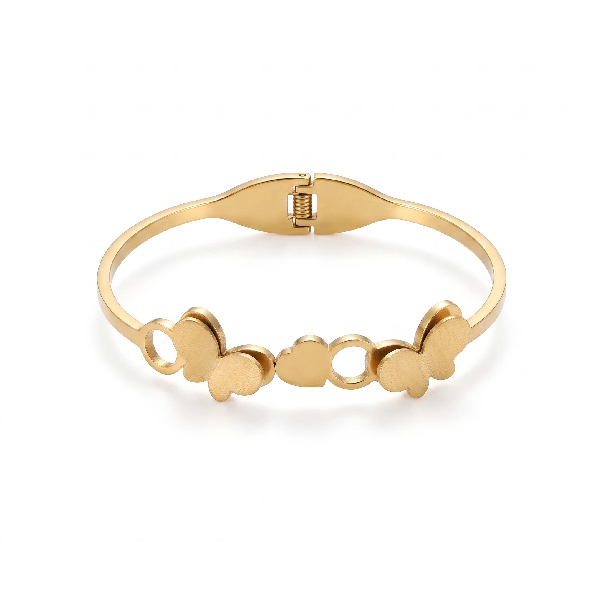 QIAOREN 13657 Spring Cuff Bangle Bracelet with Double Matte Butterfly & Hollow Circle Combined Charms, Polished Thin Bangle