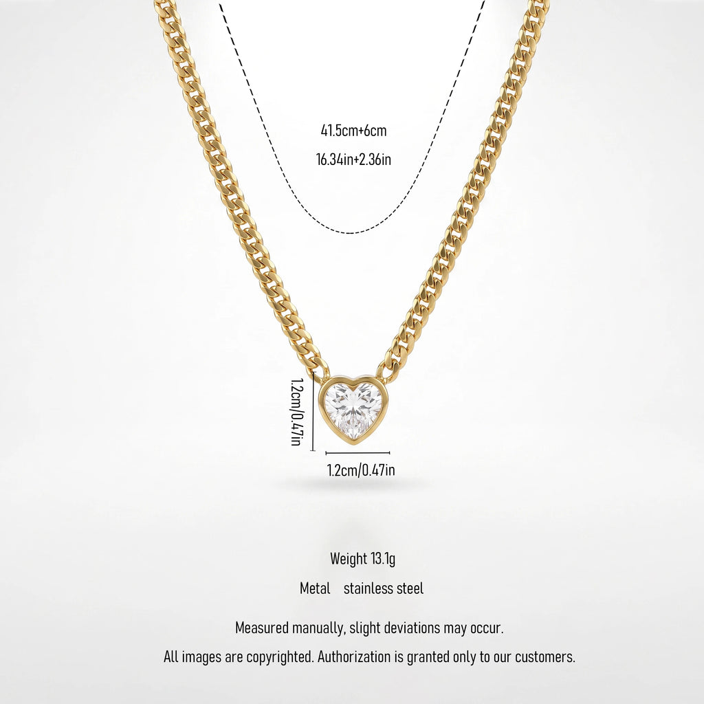QIAOREN 13719-20 Curb Cuban Chain Heart Cut Clear Zircon Pendant Necklace, Bezel Set Heart Gem Polished Gloss Gold Necklace