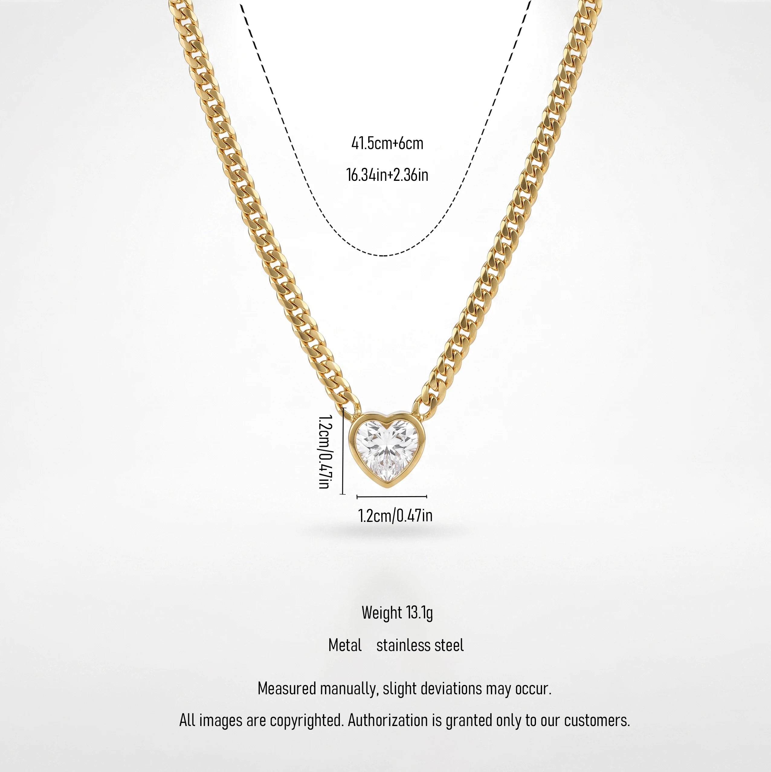 QIAOREN 13719-20 Curb Cuban Chain Heart Cut Clear Zircon Pendant Necklace, Bezel Set Heart Gem Polished Gloss Gold Necklace