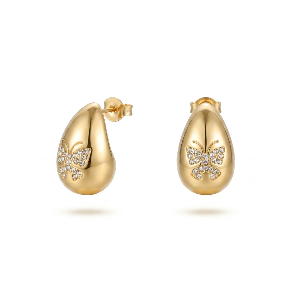 QIAOREN 12260Trendy Chunky Teardrop Earrings Gold Stainless Steel CZ Pave Butterfly Waterdrop Studs Jewelry for Women US EU