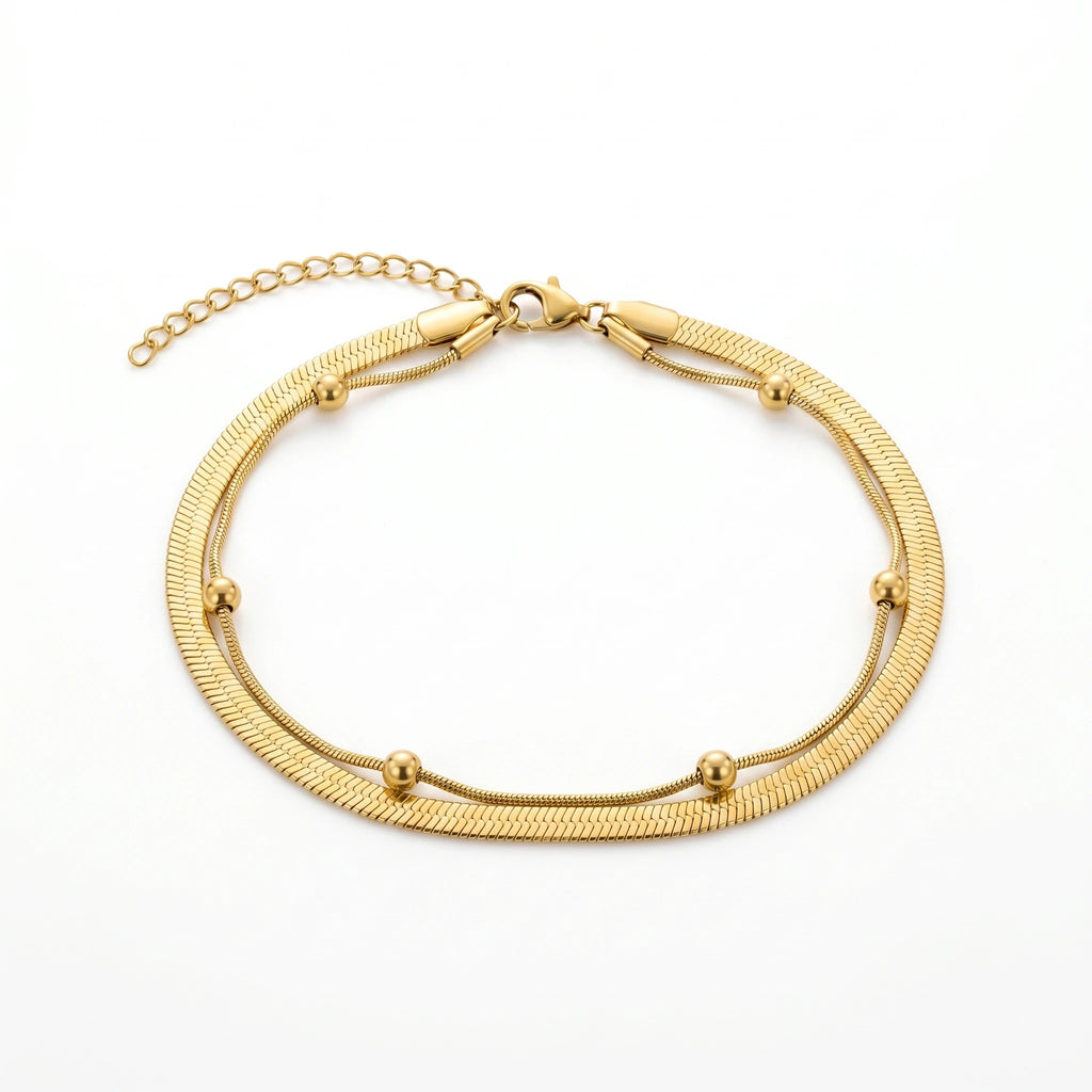 QIAOREN 11043 Double Layer Gold Anklet Stainless Steel Waterproof Snake Chain Beach Foot Jewelry for Women