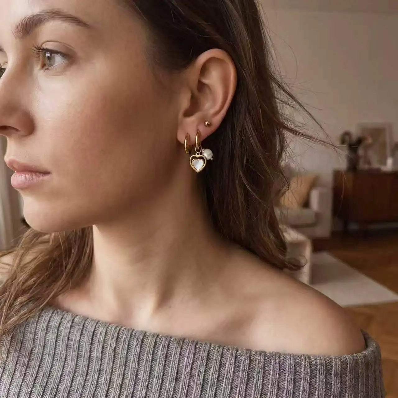 QIAOREN 14501 3 Pcs Stainless Steel Gold Ball Studs Plain Double Layer Quartz Heart Pearl Dangle Earrings Multi Pack Gift