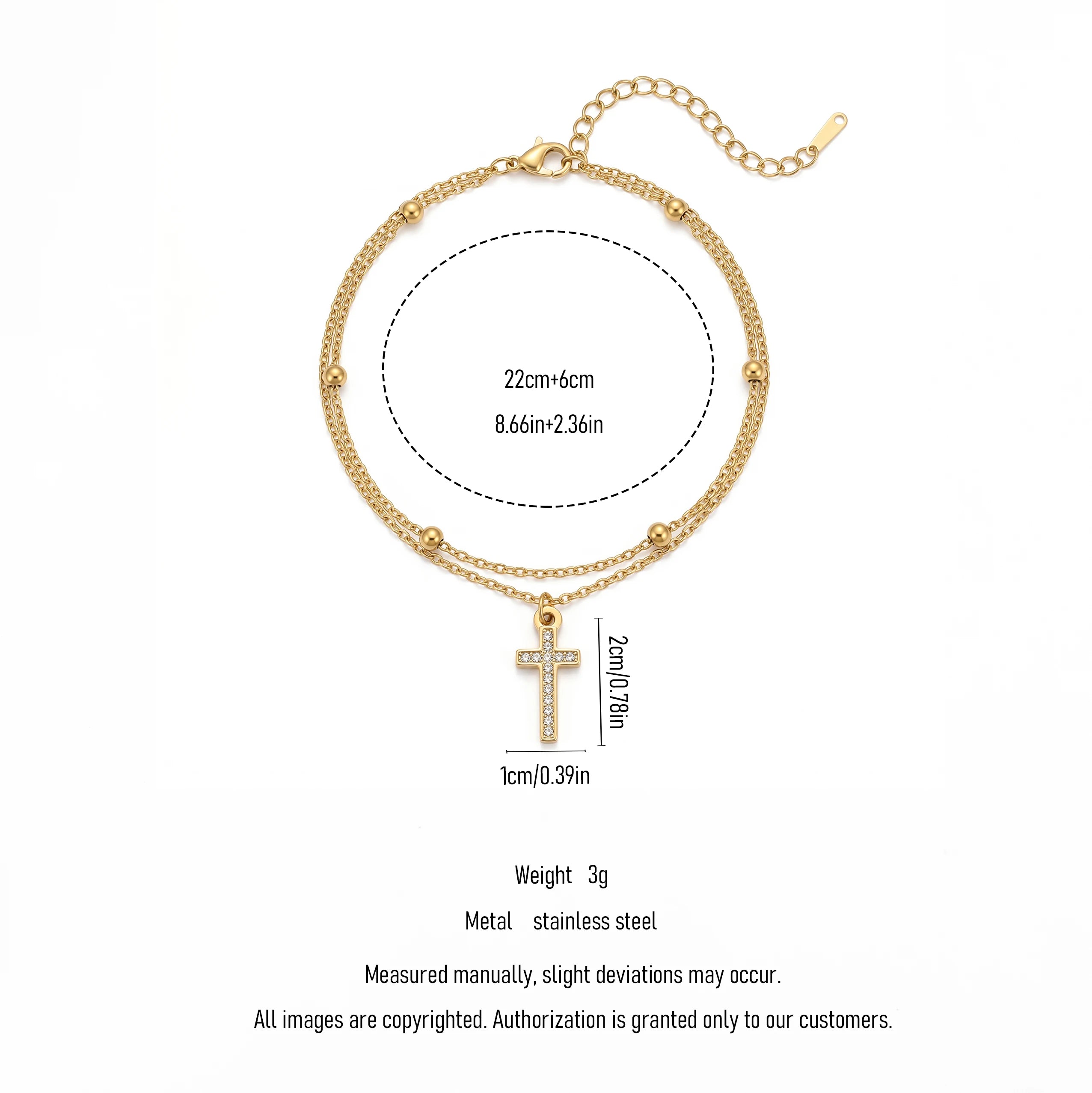 QIAOREN 11412 Dainty Boho Rhinestone Cross Layered Anklet 18K Gold Plated Stainless Steel Beach Foot Jewelry