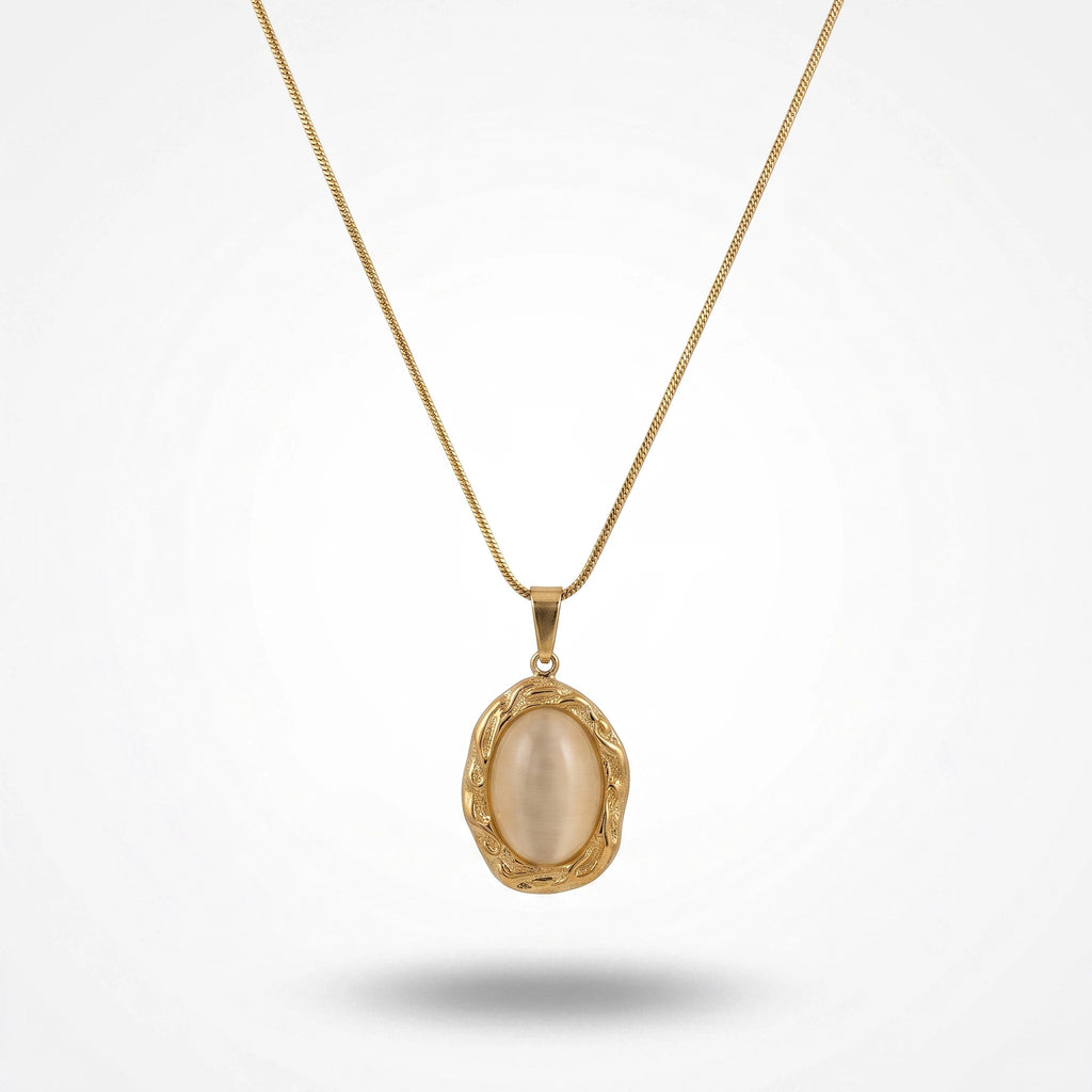 QIAOREN 13801 Thin Snake Chain Pendant Necklace with Irregular Bezel Frame Oval Cat Eye Stone Charm