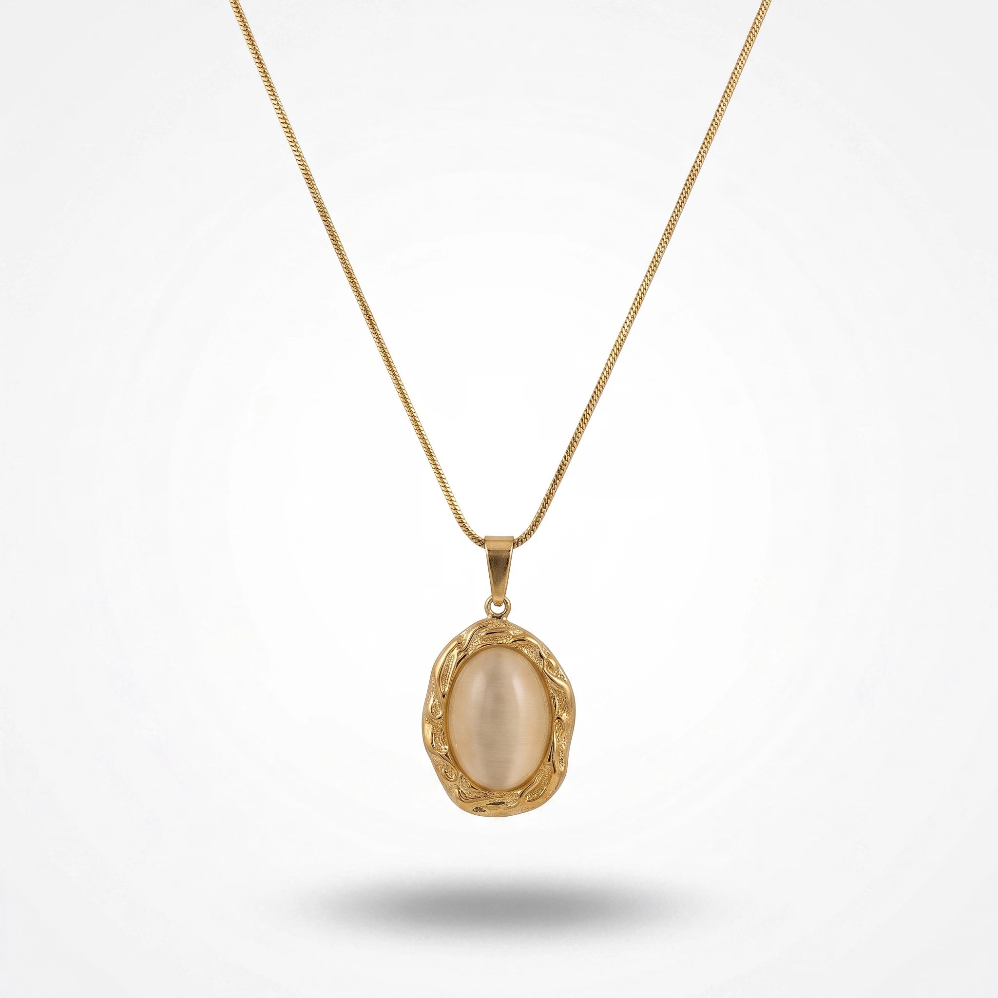QIAOREN 13801 Thin Snake Chain Pendant Necklace with Irregular Bezel Frame Oval Cat Eye Stone Charm